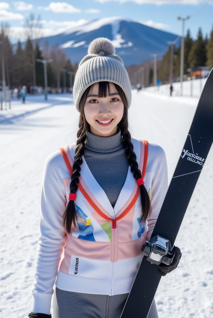 A happy smiling 20-year-old Japanese woman wearing a knitted cap and ski wear is standing holding a ski board at a ski resort, the woman's ski wear has a colorful pattern and an open V-neck revealing her cleavage, she is wearing a V-neck sweater underneath and snow boots, a vast sunny ski resort with snowy mountains in the distance, large eyes with double eyelids, thick lips, black hair, dark pupils, braided hair with blunt bangs, full body visible, looking at the viewer, upward angle,