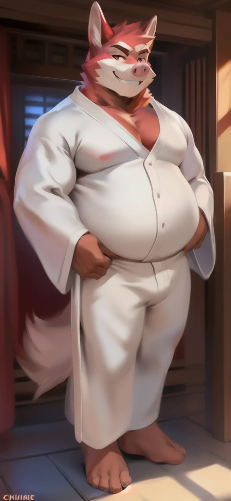 there is a manga of a man in a white robe, heavy looking, robust stocky body, full body portrait of a short!, heavy detailed, beefy, young face, no beard