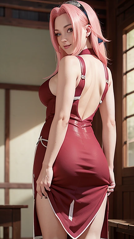 beautiful 18 year old girl, cuerpo perfecto, (senos perfectos), (Cabello largo y rosado), identical to (Haruno Sakura), ojos verdes brillantes, (Manos perfectas), (cherry-colored Chinese dress with white lines), (escote profundo), (tanga frotada debajo del vestido), (Foto completa), fondo de bosque de cerezo rosa, foto realista HD de alta calidad, Shy pose, feliz ante la camara.