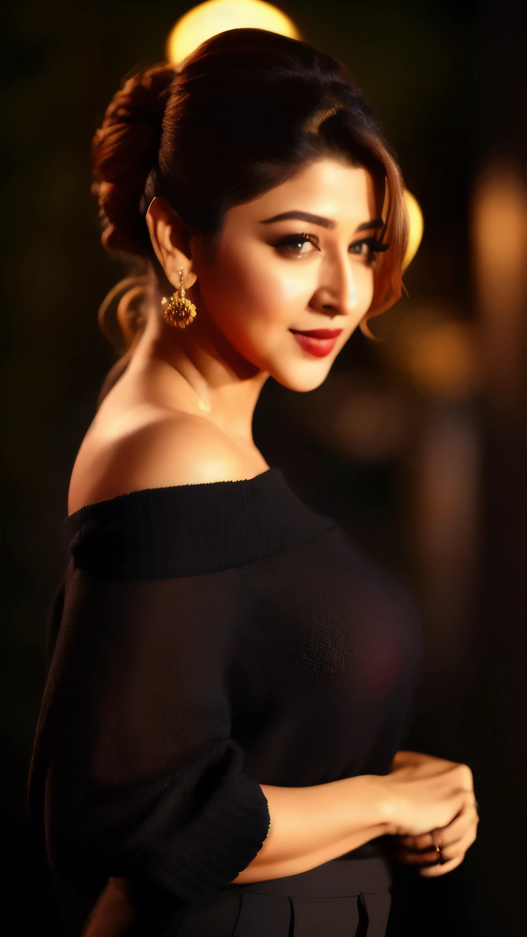 photo of beautiful sonarikabh a woman as a movie star, hair upsweep updo, sweater off-shoulders, trousers, at a movie premiere gala, dark moody ambience (masterpiece:1.2) (photorealistic:1.2) (bokeh) (best quality) (detailed skin:1.2) (intricate details) (nighttime) (8k) (HDR) (cinematic lighting) (sharp focus), (looking at the camera:1.1), full body