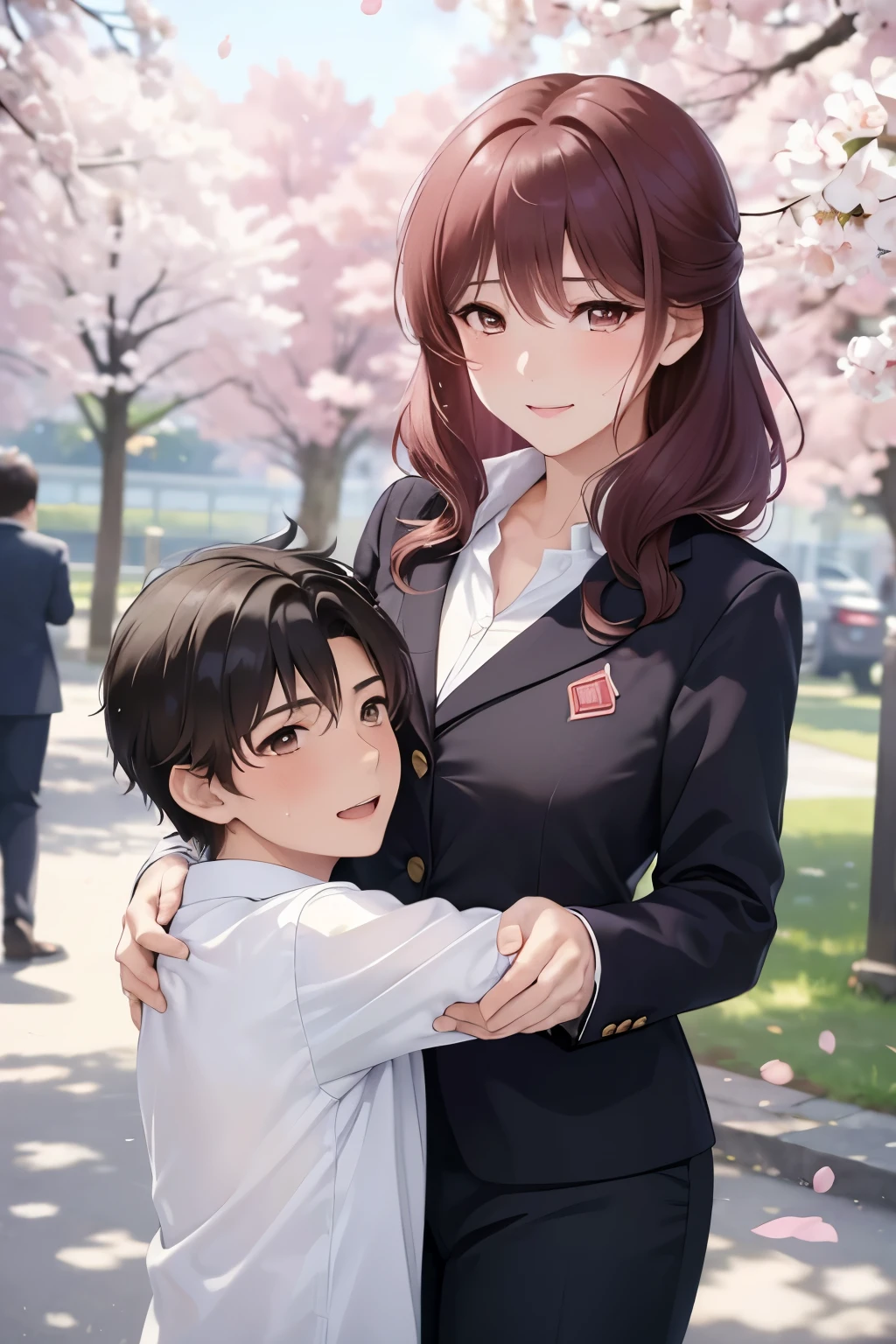 ((Woman and age Boy, mother and son))、 high image quality , ( beautiful brown eyes、Shining eyes fine grain)、smile、超fine grain、 とても beautiful顔 , Very fine grain, cowboy shot、 Woman in her 40s 、age Boy, Like, School Graduation Ceremony ,
(( top quality , 8k, masterpiece: 1.3)), Details, Details beautiful face, Details clothes, Details eyes, Details skin, Details gift, Detailsな手と脚, beauty, Hide your face, woman 1 person, r , beautiful: 1.3,
Light pink suit , short , ( standing under a cherry tree),
とても beautiful顔 , very Details lips, fine grain, double eyelids, wet, Sheer, happy and embarrassed , Tears of joy, Cherry Blossom Petals Dance, boy wearing school uniform, 14s son, 40s mother, mother and son,