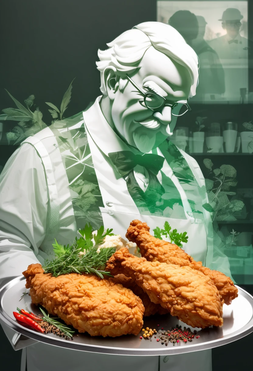 Colonel Sanders raid , Headlock a bad thug and forcibly thrust fried chicken into his mouth(( motion blur:1.8,  Background Blur))