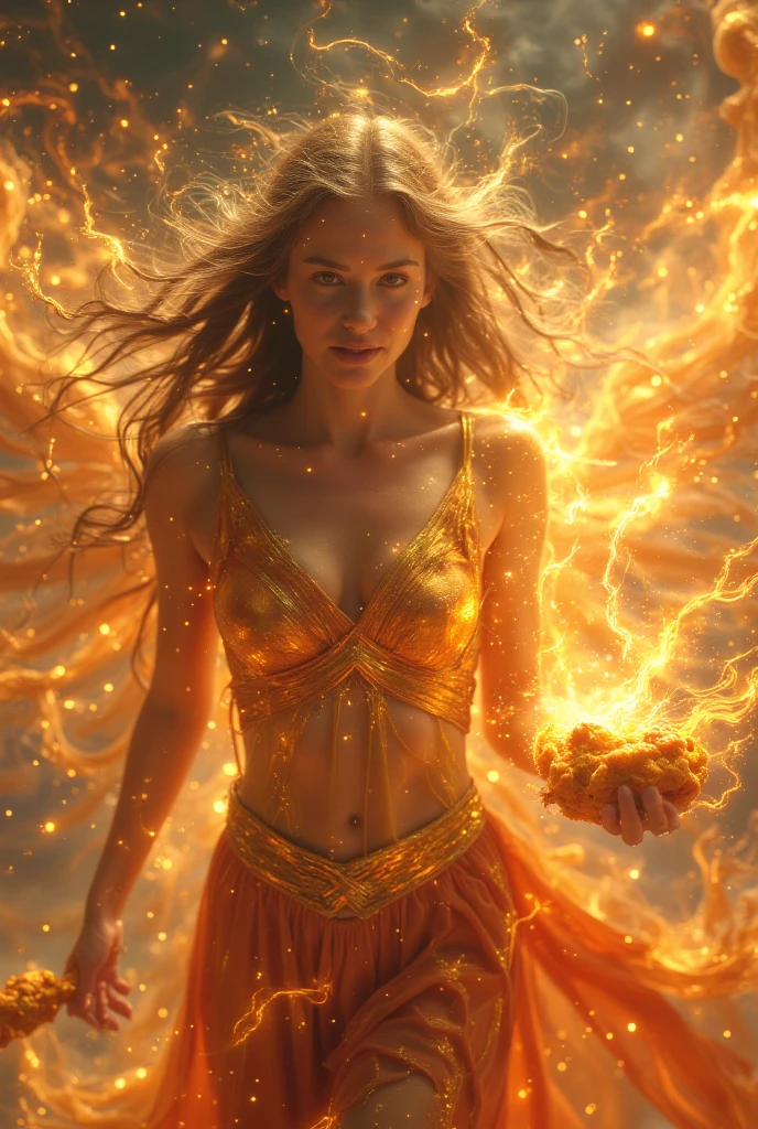 ((masterpiece, highest quality, Highest image quality, High resolution, photorealistic, Raw photo, Extremely detailed CG unified 8k wallpaper)),
1 girl and spicy fried chicken, cute face, holding a half-eaten piece of fried chicken, breathing flames out of her mouth, flaming breath, lots of sweat, cosmic background, background of stars exploding in a big way,
People were horrified by the sight, they fled from her feet,
Naked goddess wearing gold, silver and jeweled accessories stares at viewers, 