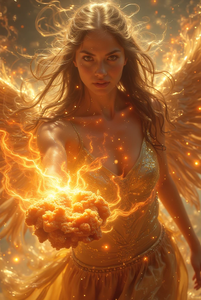 ((masterpiece, highest quality, Highest image quality, High resolution, photorealistic, Raw photo, Extremely detailed CG unified 8k wallpaper)),
1 girl and spicy fried chicken, cute face, holding a half-eaten piece of fried chicken, breathing flames out of her mouth, flaming breath, lots of sweat, cosmic background, background of stars exploding in a big way,
People were horrified by the sight, they fled from her feet,
Naked goddess wearing gold, silver and jeweled accessories stares at viewers, 