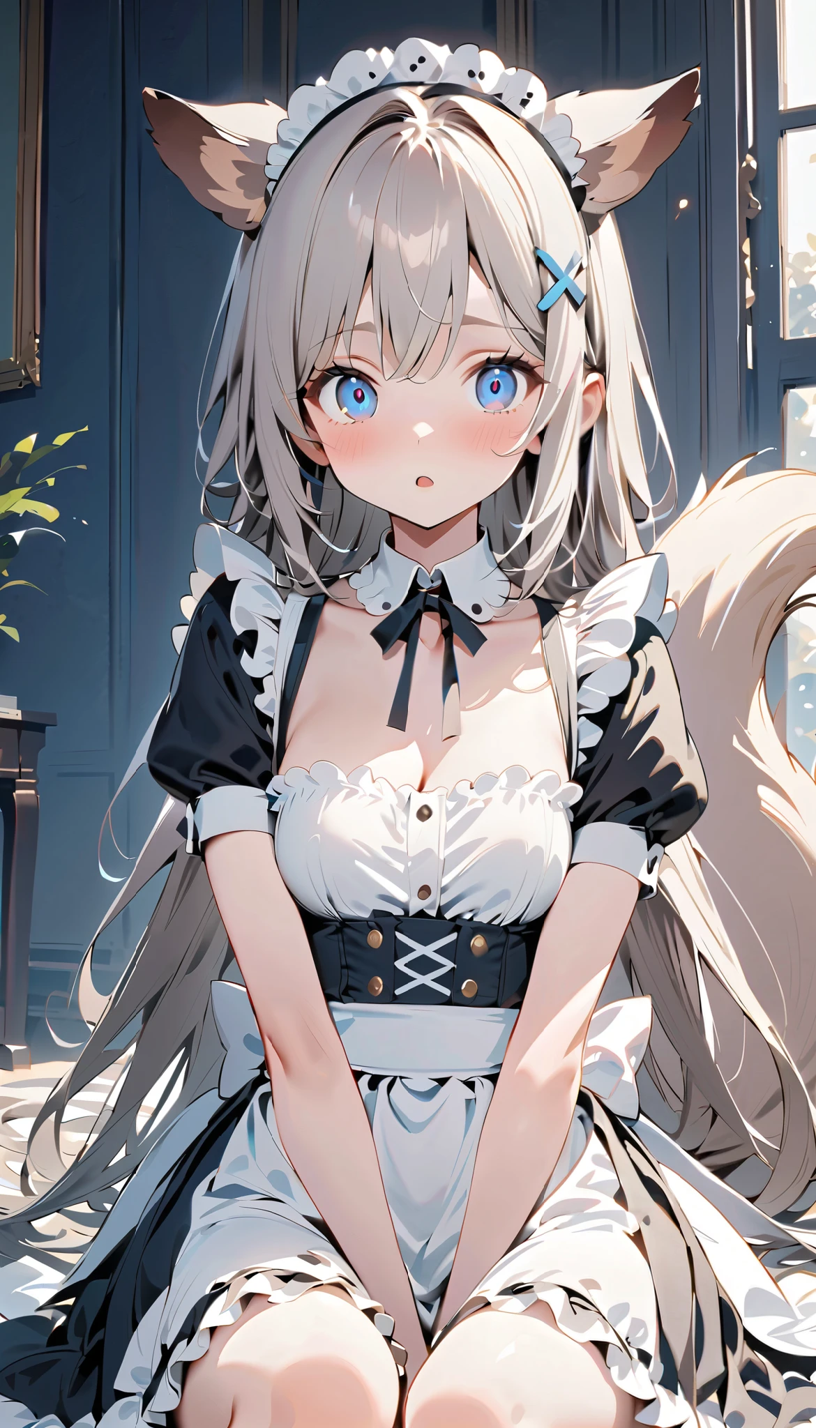 {{{ masterpiece}}}, {{{ top quality}}}, {{ super high resolution}}, {美しい細部までこだわったEye }, 1 girl, alone, (( gray hair)), very long hair, 青いEye , ( straight hair ), (bangs), animal ears, (Weasel Ears:1.2), choker, stupid hair , teeth, (big weasel tail :1.2), (Blue X Hairpin), ( Cute maid outfit), SHOCKED , girl ,Midea,Eye