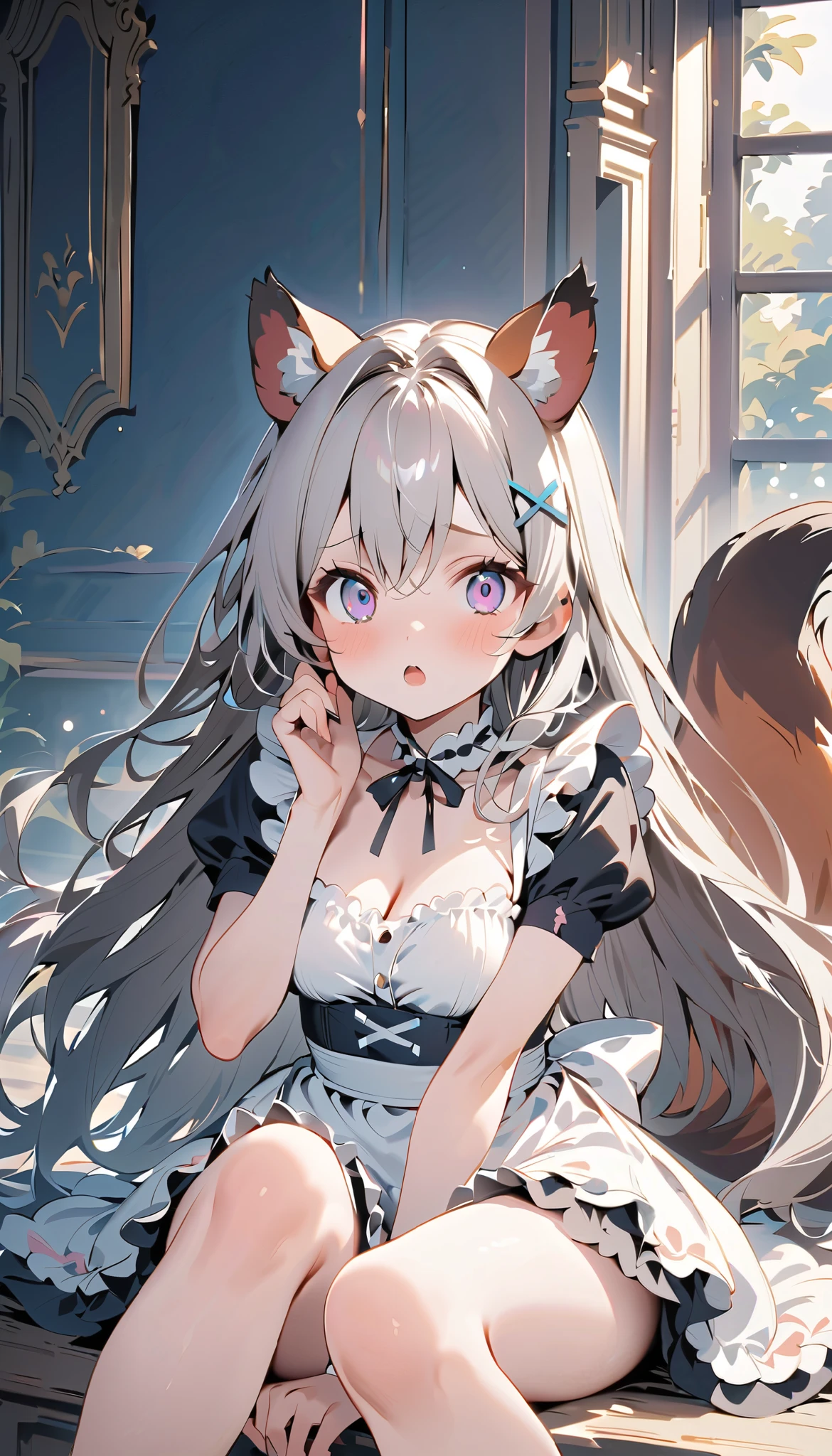 {{{ masterpiece}}}, {{{ top quality}}}, {{ super high resolution}}, {美しい細部までこだわったEye }, 1 girl, alone, (( gray hair)), very long hair, 青いEye , ( straight hair ), (bangs), animal ears, (Weasel Ears:1.2), choker, stupid hair , teeth, (big weasel tail :1.2), (Blue X Hairpin), ( Cute maid outfit), SHOCKED , girl ,Midea,Eye