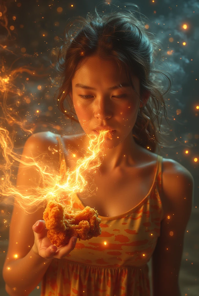 (masterpiece:1.2,Exceptional Quality,mirror-like,Cinematic Experience,Photorealistic:2.0,RAW Photos:2.0,Super detailed),8k,wallpaper, 1 girl and spicy fried chicken, cute face, holding a half-eaten piece of fried chicken, breathing flames out of her mouth, flaming breath, lots of sweat, cosmic background, background of stars exploding in a big way,