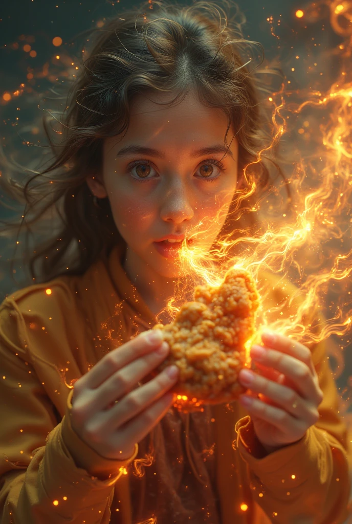 (masterpiece:1.2,Exceptional Quality,mirror-like,Cinematic Experience,Photorealistic:2.0,RAW Photos:2.0,Super detailed),8k,wallpaper, 1 girl and spicy fried chicken, cute face, holding a half-eaten piece of fried chicken, breathing flames out of her mouth, flaming breath, lots of sweat, cosmic background, background of stars exploding in a big way,