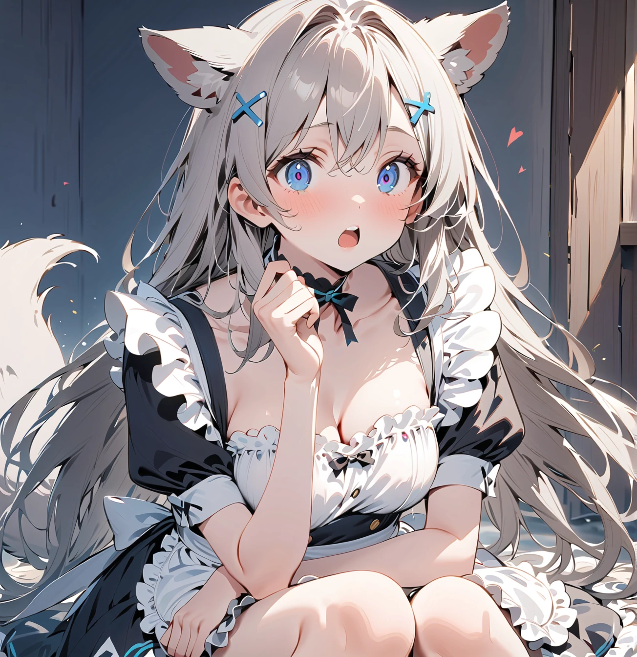 (Highest quality), (High resolution), (masterpiece), (Very detailed), Wolf Ear, Silver Hair, Long Hair, Bright Blue Eyes, One Girl, Silky skin, Shiny skin, Athletic build, blush, Heavy breathing, chest, Fully dressed in swimsuit, Front view, Perfect composition, (Bright saturation), Rubbing your crotch against the corner of a desk, Dripping love juice, Heart Pupil, Orgasmic face, Trembling with sexual climax, Heavy breathing