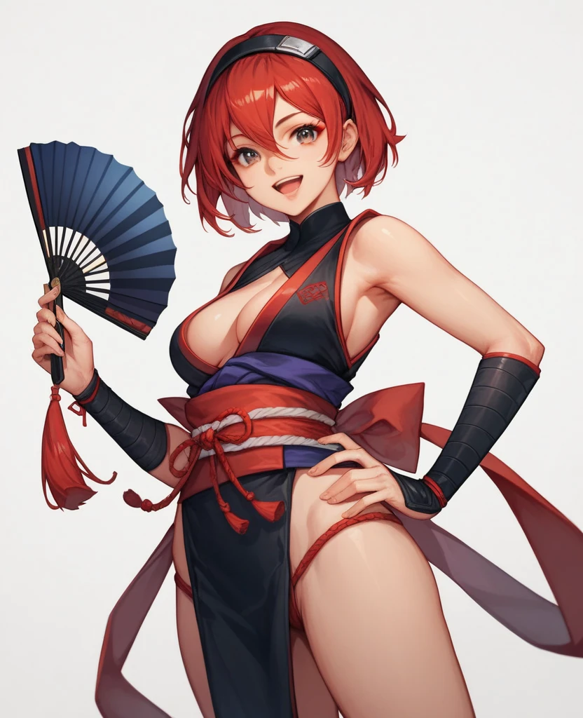 kallen stadtfeld, 1girl, solo, breasts, looking at viewer, short hair, blue eyes, simple background, hair ornament, white background, cleavage, medium breasts, full body, flower, red hair, japanese clothes, hair flower, wide sleeves, kimono, arm up, sash, petals, thigh strap, sandals, tabi, red kimono, platform footwear, okobo