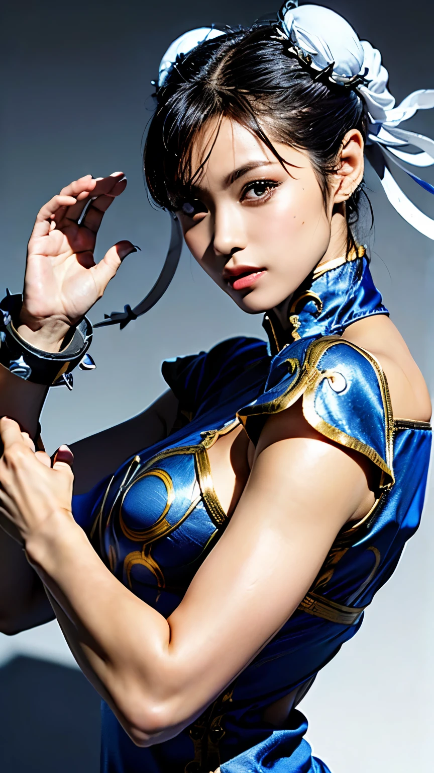 a close up of a woman in a blue and yellow outfit, portrait of chun - li, portrait of chun li, chun - li, chun-li, chun li, ross tran 8 k, wojtek fus, artgerm and ilya kuvshinov, ilya kuvshinov and artgerm, ilya kuvshinov. 4 k
