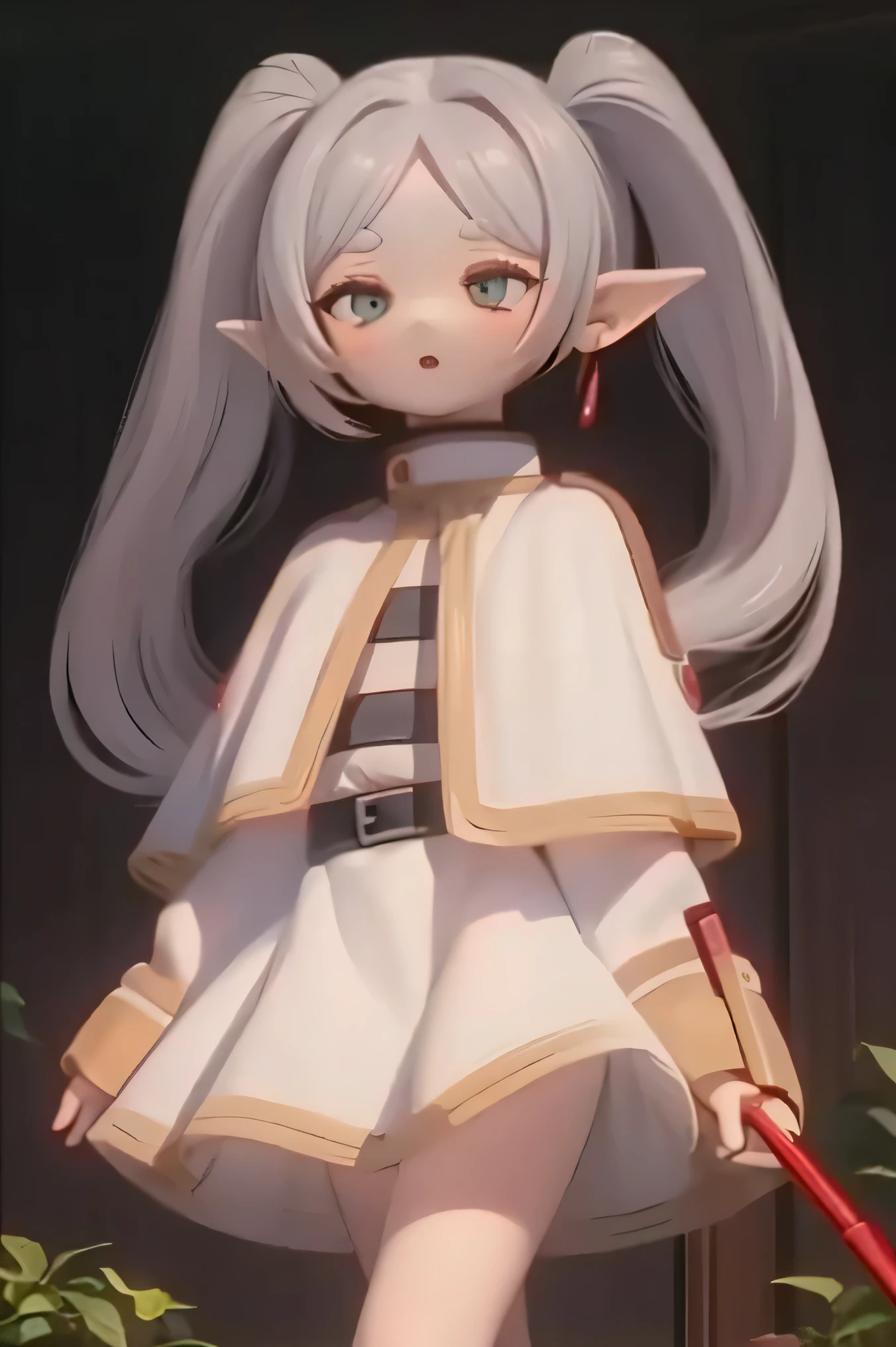(    top quality,Strange Results       :1.3),( warm color lighting:1.2),       girl,          intricate details    ,  natural face,forest,     There is a river in the background , spring,     between legs     ,     Tiny Breasts ,    thank you,       long hair,    gray hair,        twin tails ,   star ,      earrings for women living alone with both legs in between  ,       Thick eyebrows,       white capelet  ,         striped shirt    ,        Long Sleeve     , belt,    white skirt,        black panty hoses      (((((Please bring a walking stick)))))Holding a cane in front 