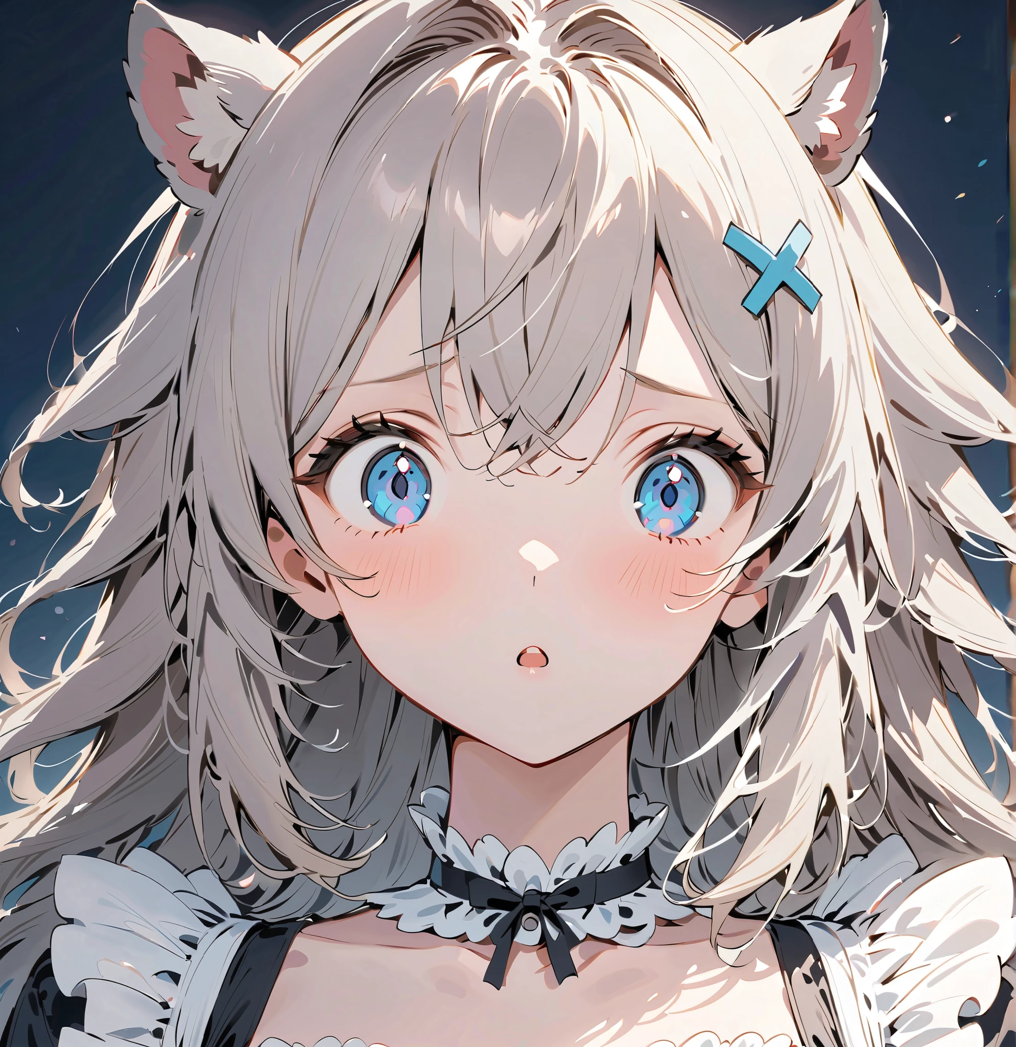 Cat Girl，was hairy，shaggy，Skin fur，White fur，Forelimb hands，，White ears，White face fur ，Blue eyes，Super cute face，White dress，Ambient light，Ultra-fine fur，volumettic light，White hair, hair splayed out, Shiny hair，long  hair, dashed eyes, bangs, wicked, light and darkcontrast, ultra high def, 巨作, Super detail，Castle background，Night，starry light