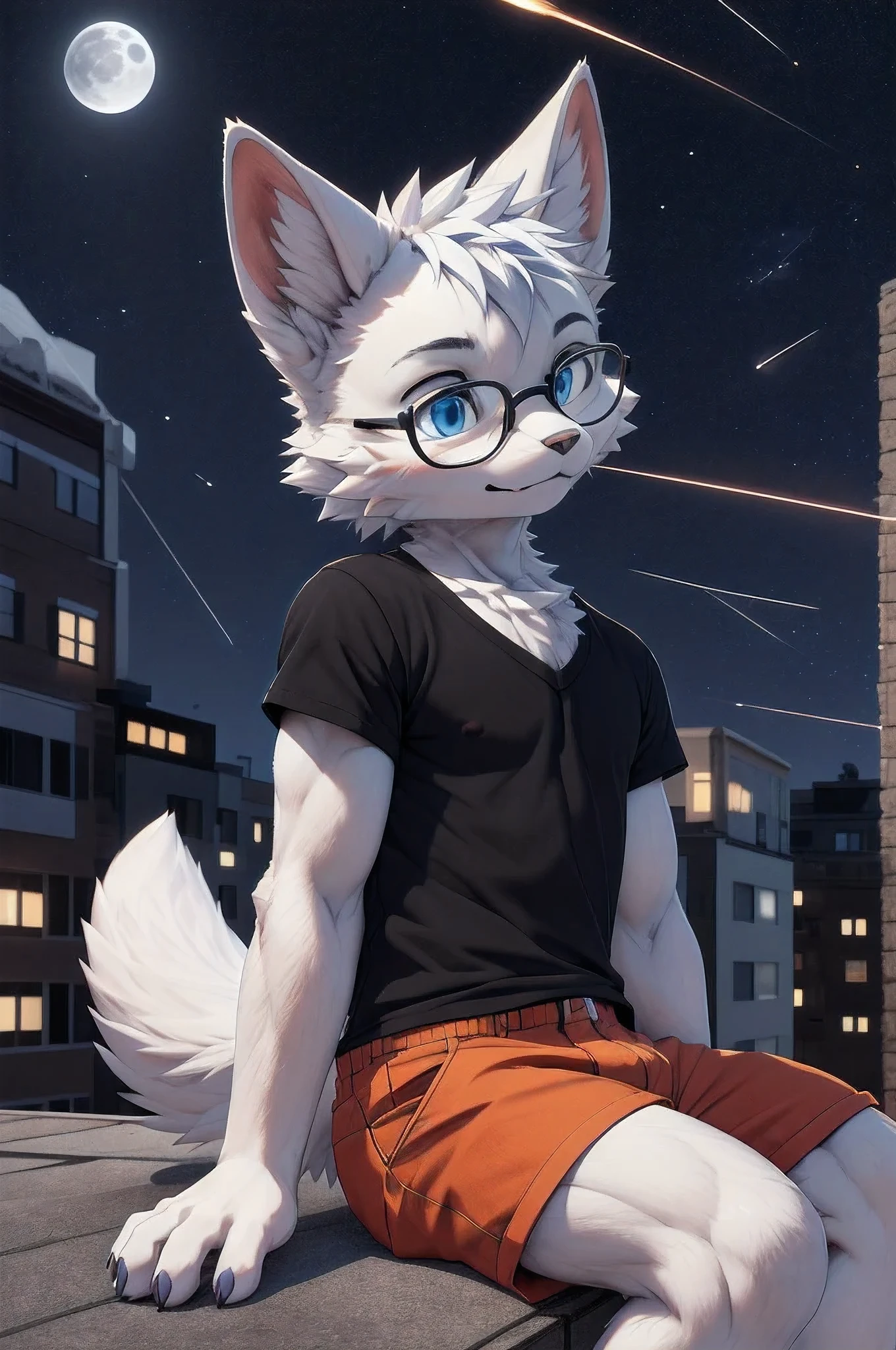 3d,male man boy ,, a white arctic fox and wolf cat(Cat face ), portrait,Sitting on the city roof in the middle of the night, meteors fly all over the sky and the moon, natural lighting , Complex background, Extremely detailed face and facial features , Beautiful blue eyes and ears , Fluffy white fur , white body , furry white tail,Wearing a short-sleeved shirt, barefoot, masterpiece, best quality, 8,000, Super Fine , actual , photo actual , Photographic Realism , purple bodice short sleeve,Orange Bottom Shorts , Brightly Colored , sharp focus, black glasses