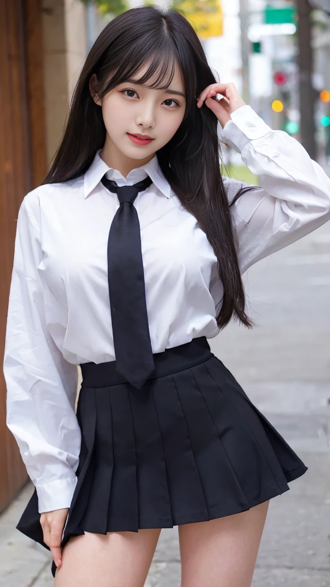 low angles, girl, Solo, (Looking at Viewer:0.9), Best Quality, Ultra-detailed, High resolution, (Photorealistic, Realistic, Photorealsitic:1.2), 18year old, Bangs, (Smile:0.3), (thighs thighs thighs thighs:1.2), Panchira, Part of the white pants are hidden by the plated skirt, in a school, School uniform, lowfers, White neckerchief, Long sleeves, Cosplay, knee high, ((checked skirt)), Bangs, Realistic, pantyshot, Long hair, Black hair, Dark red pleated skirt, (checked skirt), (white Panties), School uniform, bob cuts