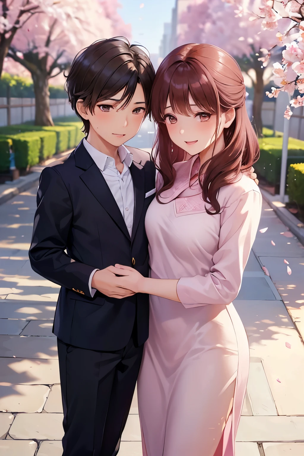 ((Woman and age Boy, mother and son))、 high image quality , ( beautiful brown eyes、Shining eyes fine grain)、smile、超fine grain、 とても beautiful顔 , Very fine grain, cowboy shot、 Woman in her 40s 、age Boy, Like, School Graduation Ceremony ,
(( top quality , 8k, masterpiece: 1.3)), Details, Details beautiful face, Details clothes, Details eyes, Details skin, Details gift, Detailsな手と脚, beauty, Hide your face, woman 1 person, r , beautiful: 1.3,
Light pink suit , short , ( standing under a cherry tree),
とても beautiful顔 , very Details lips, fine grain, double eyelids, wet, Sheer, happy and embarrassed , Tears of joy, Cherry Blossom Petals Dance, her son is wearing a school uniform, s son, 40s mother, mother and son,