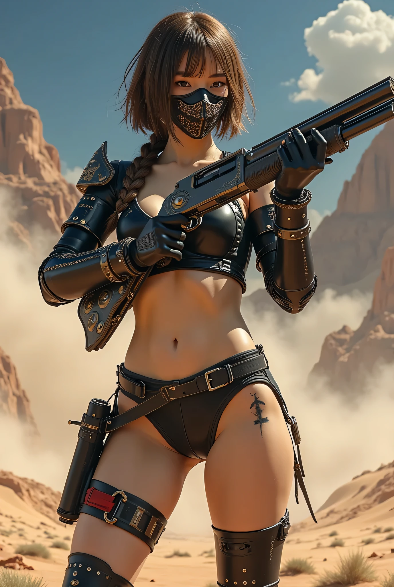 (8k, Top Quality Conversation , masterpiece), ( exists , photo exists : 1.37), very detailed, one girl to rainbow , { Grid girl holding a shotgun }, Wide angle , big breasts shaking at night , Very delicate depiction , armor made with miniature paint , short braided hair , correct skeleton 、 short braided hair , Braid Chain , A combination of 、 dreamy ,Super existent mixed fantasy world , exists elements and fantastic elements in a gun with a complicated pattern ( 渦巻く砂漠の砂 :1)、 Get ready to fight with a shotgun 、 complicated , Wear a sharp and elaborate iron mask 、 facing the camera