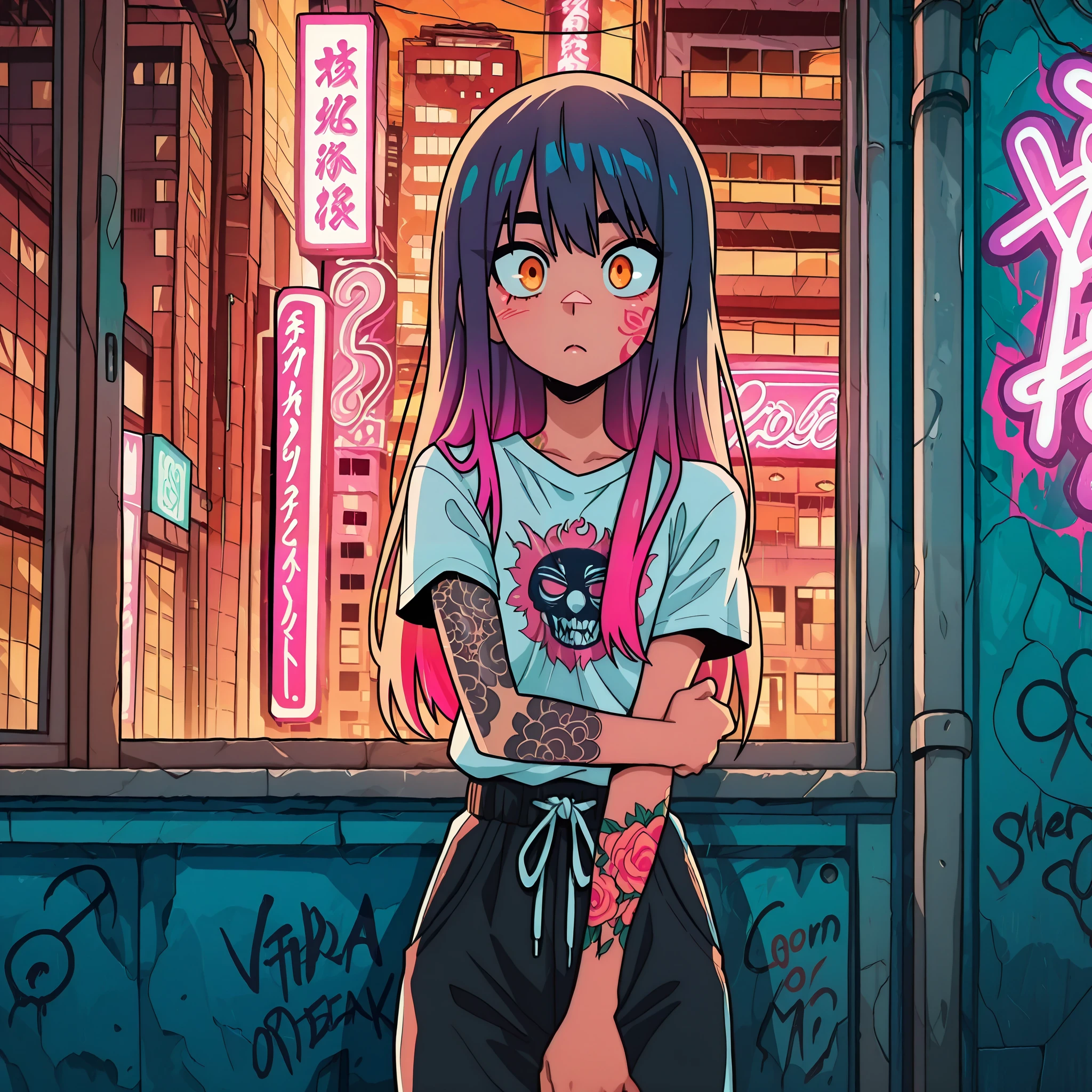 masterpiece, best quality, amazing quality, anime screencap. BREAK. asian woman, tattoos on arm, intricate tattoo designs, modern streetwear, confident expression, urban background, vibrant colors, detailed shading, realistic lighting .BREAK. cityscape, graffiti walls, neon signs, bustling atmosphere, evening light, cinematic composition