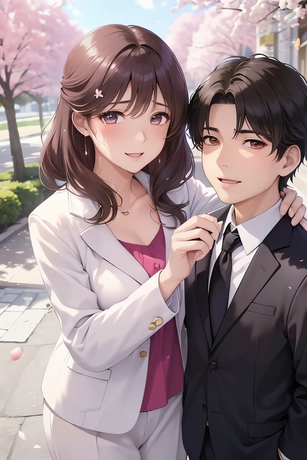 (( woman and boy , mother and son))、 high definition , ( beautiful brown eyes、Shining eyes fine grain)、smile、超fine grain、 とても beautiful顔 , Very fine grain, cowboy shot、 Woman in her 40s 、 teenage boy in school uniform, Like, School Graduation Ceremony ,
(( top quality , 8k, masterpiece: 1.3)), Details, Details beautiful face, Details clothes, Details eyes, Details skin, Details gift, Detailsな手と脚, beauty, Hide your face, Woman in her 40s 1 人, 1 teenager , beautiful: 1.3,
Light pink suit , short , ( standing under a cherry tree ),
とても beautiful顔 , very Details lips, fine grain, double eyelids, wet, Sheer, happy and embarrassed , Tears of joy, Cherry Blossom Petals Dance,