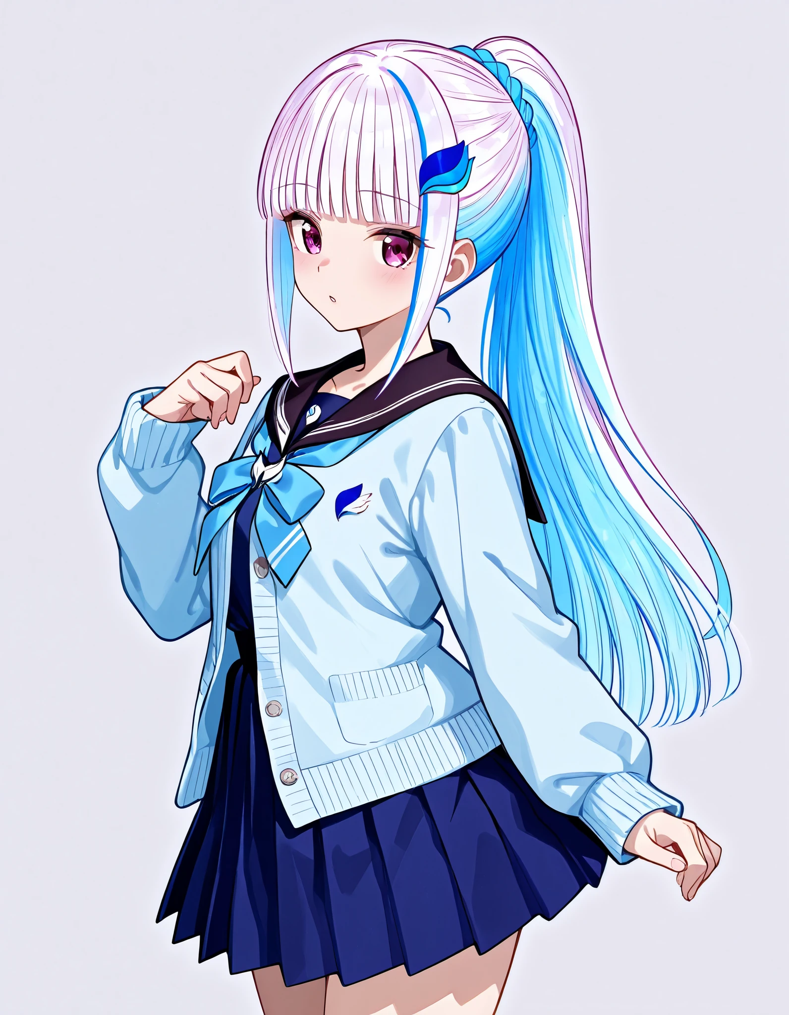 Lize Helesta white hair purple eyes pretty girl ponytail sailor suit black sailor suit light blue cardigan blue hair ornament light blue ribbon skirt solo pleated skirt mini skirt uniform slender love gathered hair side hair cowboy shot