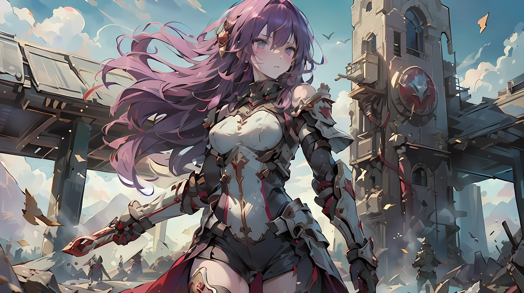 ((best quality)), ((masterpiece)), (detailed), perfect face, ((Best quality, 8k, Masterpiece: 1.3)), Knight in armour, red breastplate, carved shoulder pads, Metal shin guards, purple long hair blowing in the wind, red gloves, Sweaty on the battlefield, Dust-stained armor, Advanced skin texture, cowboy shot