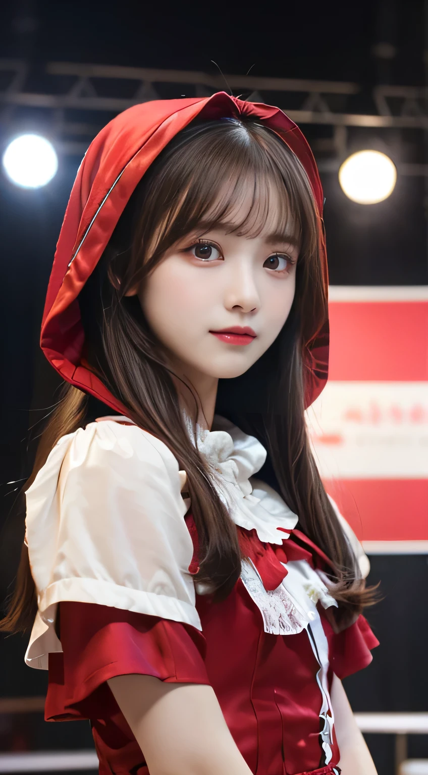 top quality, Masterpiece 、 actual photo 、The most beautiful girl in the world 、 Cute looks、 Slender 、 perfect beautiful face 、 perfect and beautiful eyes 、 perfect and beautiful double eyelids 、 Fashion Model 、 Cute looks、 light brown hair 、 high school student、( straight hair、 Little Red Riding Hood:1.3)、 stage、Drama、 spotlight