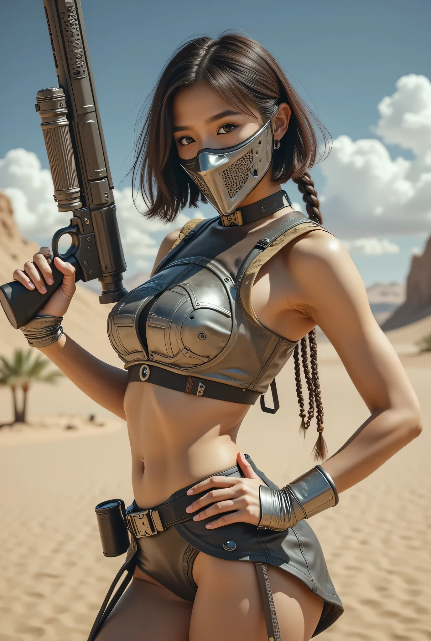 (8k, Top Quality Conversation , masterpiece), ( exists , photo exists : 1.37), very detailed, one girl to rainbow , { Grid girl holding a shotgun }, Wide angle , big breasts shaking at night , Very delicate depiction , armor made with miniature paint , short braided hair , correct skeleton 、 short braided hair , Braid Chain , A combination of 、 dreamy ,Super existent mixed fantasy world , exists elements and fantastic elements in a gun with a complicated pattern ( 渦巻く砂漠の砂 :1)、 Get ready to fight with a shotgun 、 complicated , Wear a sharp and elaborate iron mask 、 facing the camera