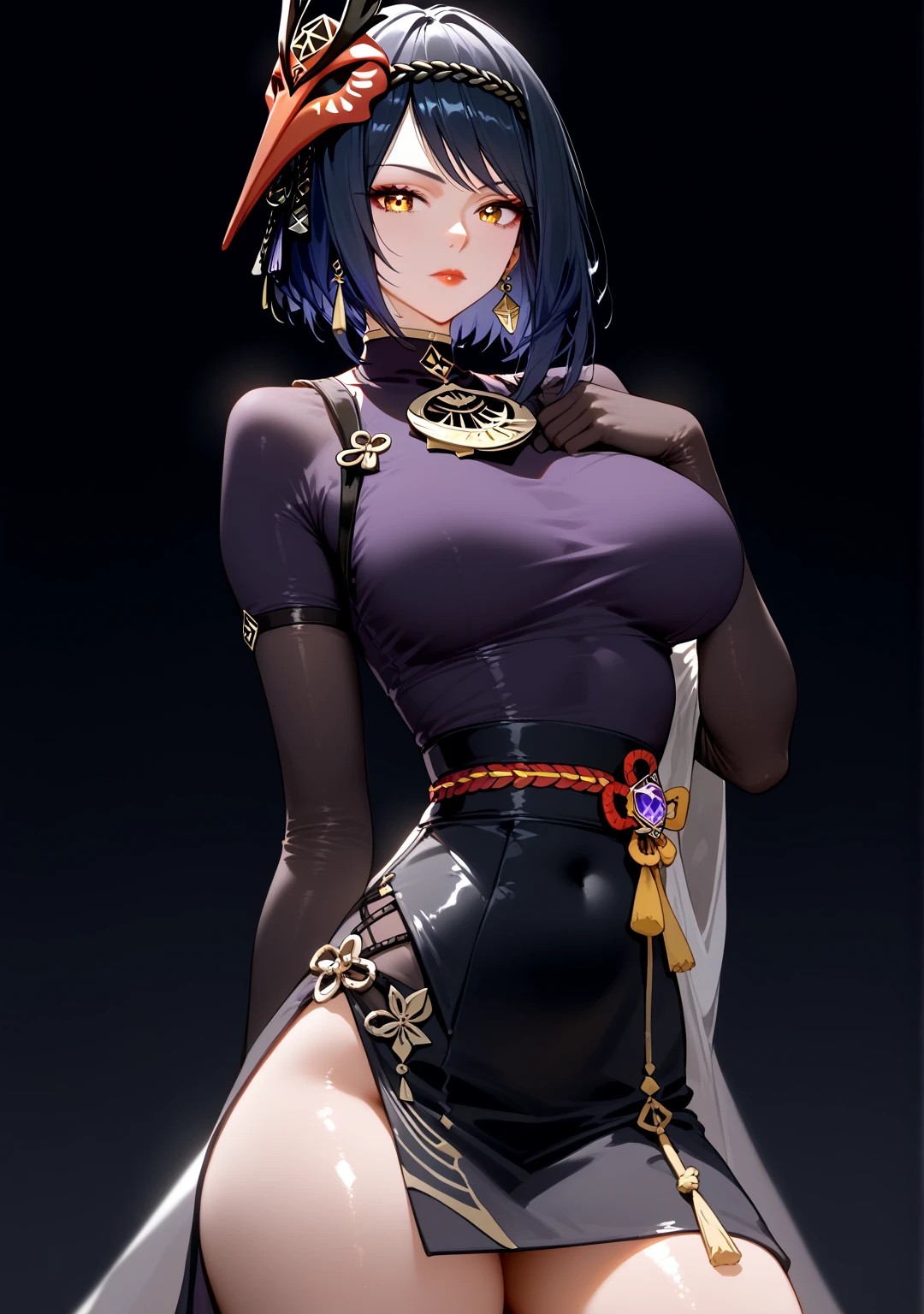 Adult woman, Short blue hair, Yellow eyes, tattoo, Dark magic dress, Sleeveless, open belly, open breasts, cloak, smirk, Masterpiece, hiquality
