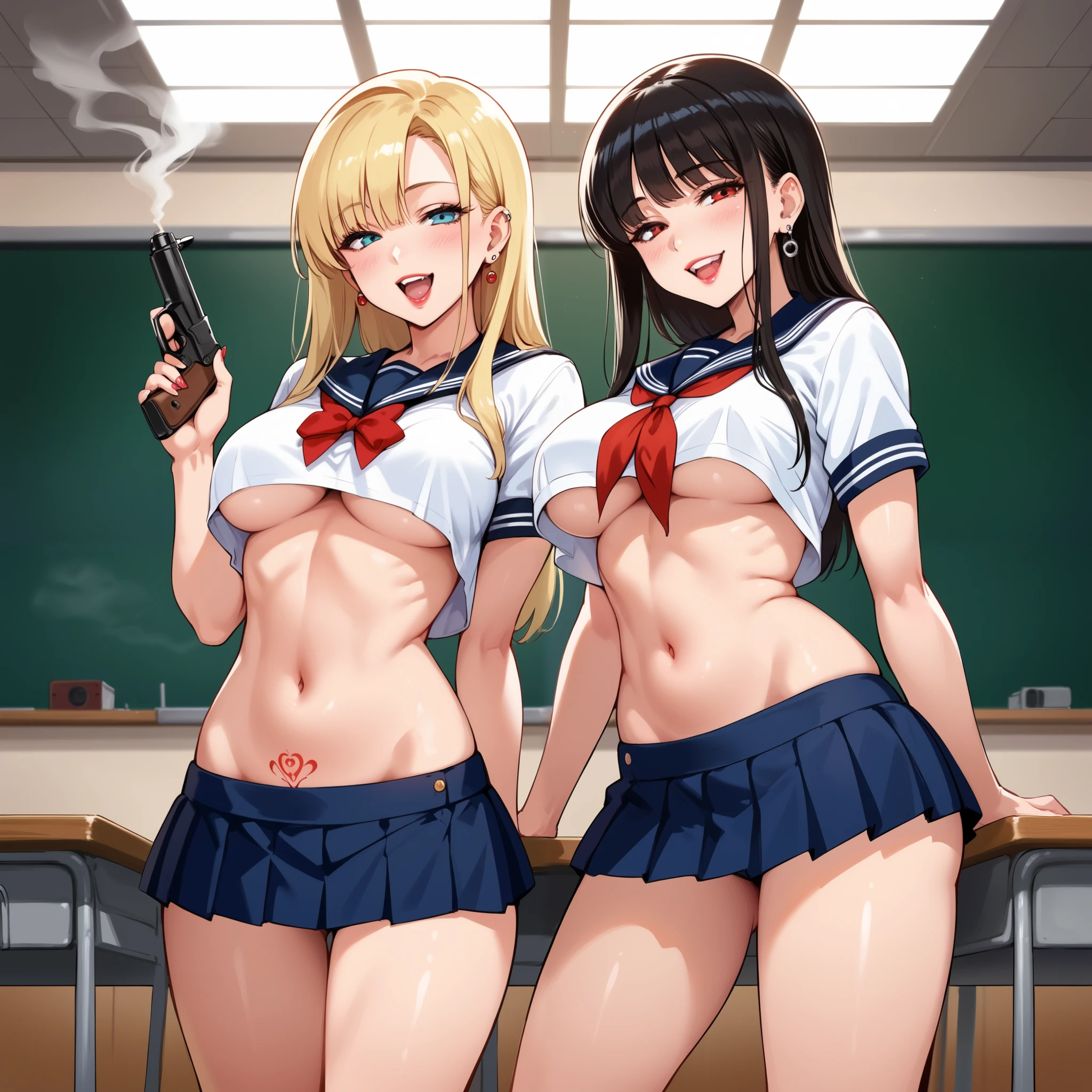 (Hyper-realistic), (a picture), (high resolution), (in 8K), (high detailed), (Best Illustration), (Beautiful detailed eyes), (Beautiful detailed face), (ultra-detailed), (masterpiece), sweat, (blonde hair), (shag hairstyle:1.1), (3girls), (multiple girls), (standing:1.0), Cameltoe, (huge breasts), (underboob), (skinny thigh), (slim waist), (smile), (xueshengzhuang:1.2), (microskirt:1.2), (black thighhighs), (plaid), (school), (in class room:1.2), (clipboard:1.1), (open mouth), (tongue out:1.25), (midriff), (navel), (lace-trimmed panties), (black panties:1.2), (crop school uniform), (nosleeve school uniform:1.4), (sleeveless school uniform:1.4), (skirtlift:1.4), (bare shoulder:1.4),