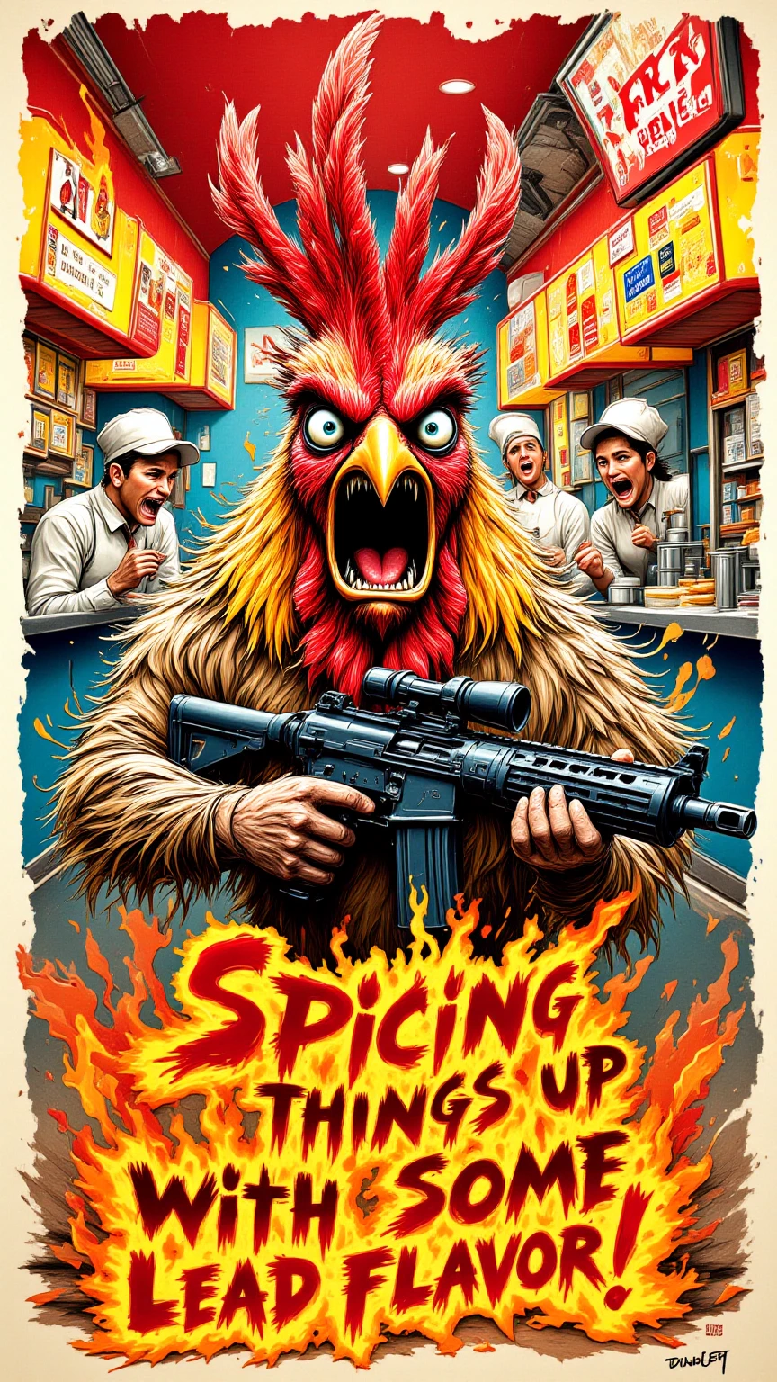 A colorful, cartoonish ink illustration of a furious rooster bursting into a fast-food restaurant KFC, holding a submachine gun, his feathers ruffled and eyes wide with intense emotion, the staff behind the counter ducking for cover, one employee peeking out nervously, the scene filled with chaotic energy, vibrant colors (red, yellow, orange, and blue), bold ink outlines, exaggerated expressions, dynamic composition, humorous and surreal atmosphere, The inscription below is "Spicing things up with some lead flavor!" in bright flowing letters with a fiery flame. inspired by vintage cartoon styles, high detail, ultra-smooth textures