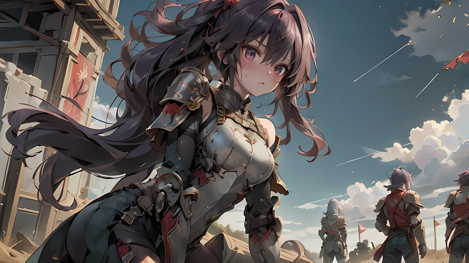 ((best quality)), ((masterpiece)), (detailed), perfect face, ((Best quality, 8k, Masterpiece: 1.3)), Knight in armour, red breastplate, carved shoulder pads, Metal shin guards, purple long hair blowing in the wind, red gloves, Sweaty on the battlefield, Dust-stained armor, Advanced skin texture, cowboy shot