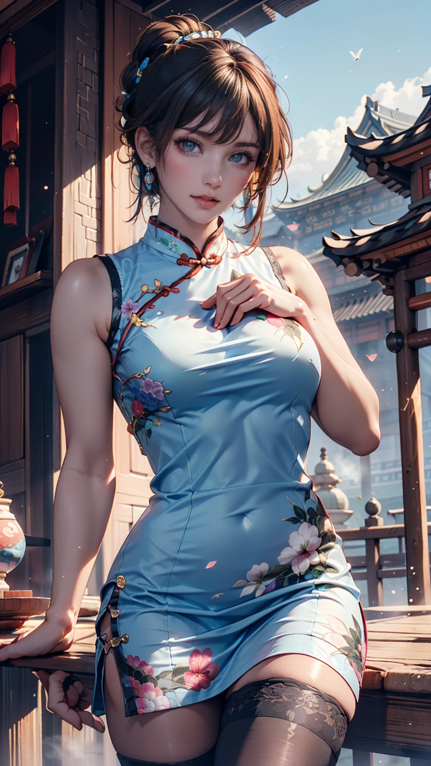 24-year-old woman、Long eyelashes、Indigo Hair、Asymmetrical wave、Vivid Chinese style decorated cheongsam、Exposed thighs、Red Pin Heels、Chinese restaurant interior