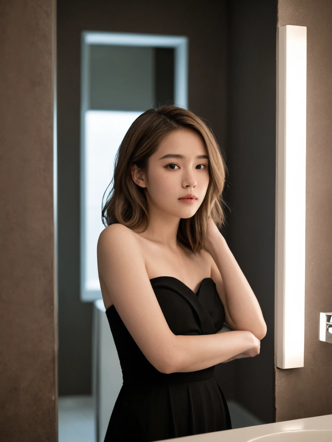 ((masterpiece, top quality, high definition)), 1 girl, (photorealistic: 1.4), solo, white background, snow-white background, mouth closed, happy smile, happy smile, pretty black hair, short hair, big eyes, clear double eyelids, eyelashes, ears out, long neck, long neck, absolute area, ((face close-up)), (drawing all head, shoulders), 19 years old, Attractive proportions, shiny skin, clean collarbone, golden ratio face, perfect face, teardrop mole, mole on chest, bangs, clean bangs, lip gloss, thin lips, pale skin, naked, big breasts, small face, small face, draw all head, draw all shoulders