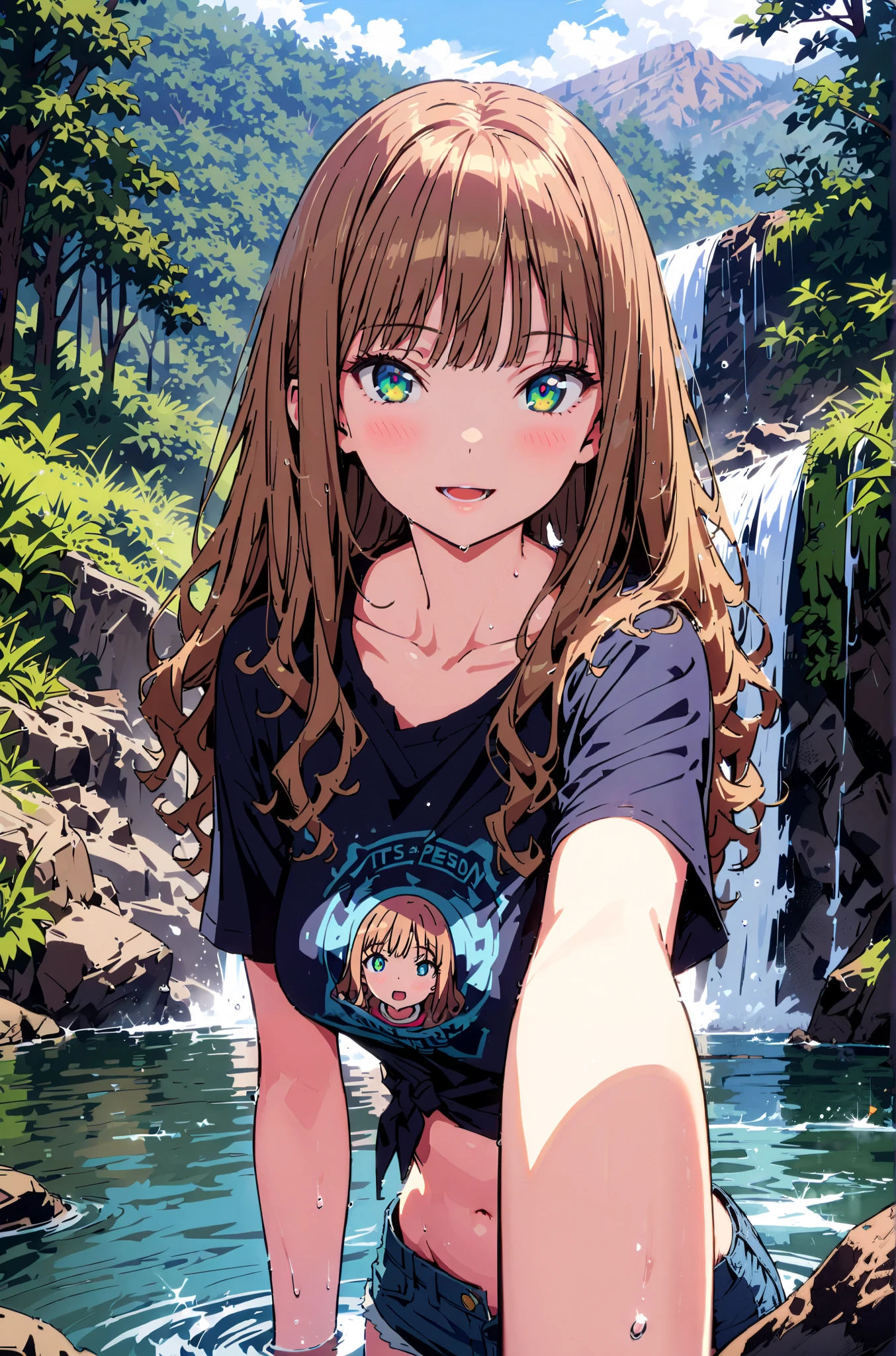 Minami Yume, long hair, brown hair, Green Eyes, bangs,smile,blush, open the mouth,Medium breast,Blue T-shirt, belly button out,Tie the hem of the shirt, denim micro shorts ,Bare legs,river遊び, playing in the water, sunlight filtering through the trees, standing,whole bodyがイラストに入るように, break outdoors,river,Mountain,waterfall,forest,,
break looking at viewer,whole body,
break ( Masterpiece:1.2), top quality , kampala, Unity 8k Wallpaper,(shape:0.8),( fine, beautiful eyes :1.6),It's a person ,whole body写真,CG Details , ( perfect hands, Complete Anatomy),