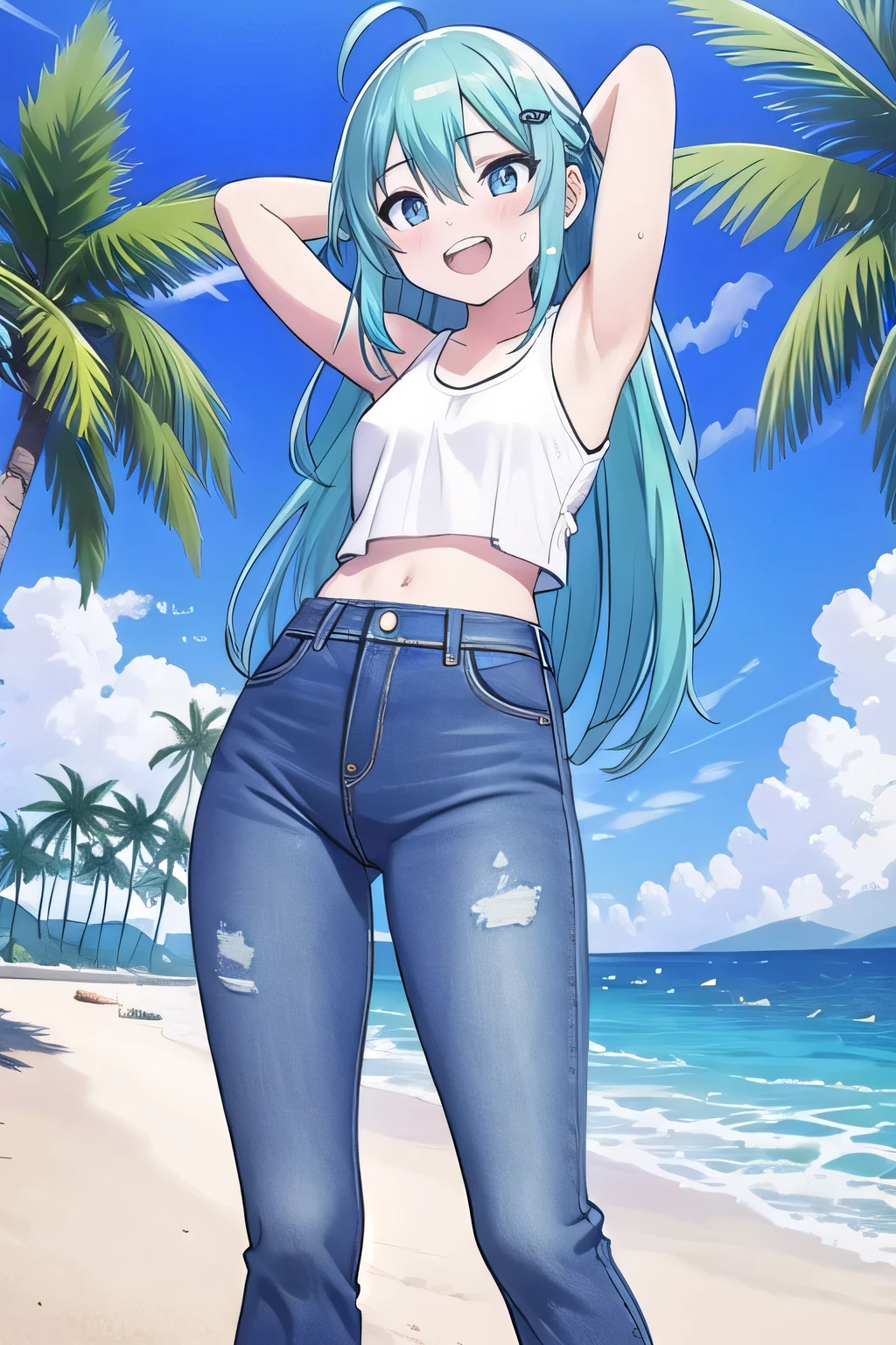 masterpiece,best quality,ultra detail, ((Perfect Face, Perfect Arms, Perfect hands, Perfect Fingers)), 1girl, , peti ((round face, ecstasy, orgasm face, drooping eyes, shame smiling, blush)), dropping eyes, sleepy, Open mouth, ((White teeth)), background((under the beach, (day:1.2), palm tree, bright sky)), miku hatsune, ahoge, aqua eyes, aqua hair, crossed bangs, hair between eyes, hair ornament, (long hair:1.4), ((arms behind head, hands behind head, fingers behind head)), ((contrapposto)), spread armpits, looking at viewer,, (white tank top:1.2), (white crop top:1.2), (jeans pants:1.2, flares jeans:1.2, skinny jeans:1.2, blue jeans:1.2), standing, (legs spread:1.4), sex pose, Sweaty crotch, Steam from the crotch, from below, whole body