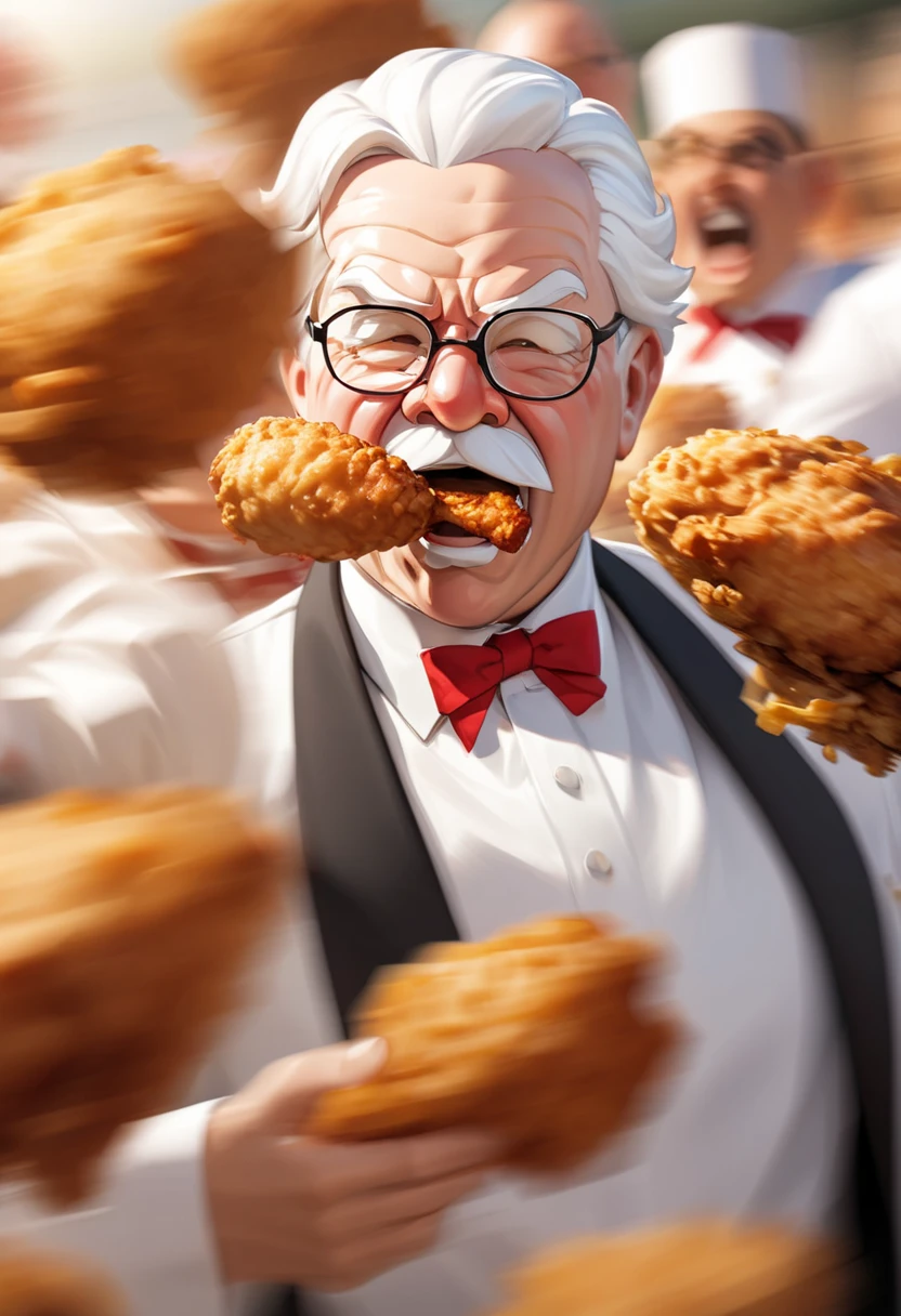 Colonel Sanders raid , Headlock a bad thug and forcibly thrust fried chicken into his mouth(( motion blur:1.8,  Background Blur))