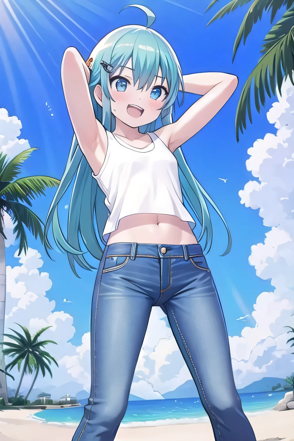 masterpiece,best quality,ultra detail, ((Perfect Face, Perfect Arms, Perfect hands, Perfect Fingers)), 1girl, , peti ((round face, ecstasy, orgasm face, drooping eyes, shame smiling, blush)), dropping eyes, sleepy, Open mouth, ((White teeth)), background((under the beach, (day:1.2), palm tree, bright sky)), miku hatsune, ahoge, aqua eyes, aqua hair, crossed bangs, hair between eyes, hair ornament, (long hair:1.4), ((arms behind head, hands behind head, fingers behind head)), ((contrapposto)), spread armpits, looking at viewer,, (white tank top:1.2), (white crop top:1.2), (jeans pants:1.2, flares jeans:1.2, skinny jeans:1.2, blue jeans:1.2), standing, (legs spread:1.4), sex pose, Sweaty crotch, Steam from the crotch, from below, whole body