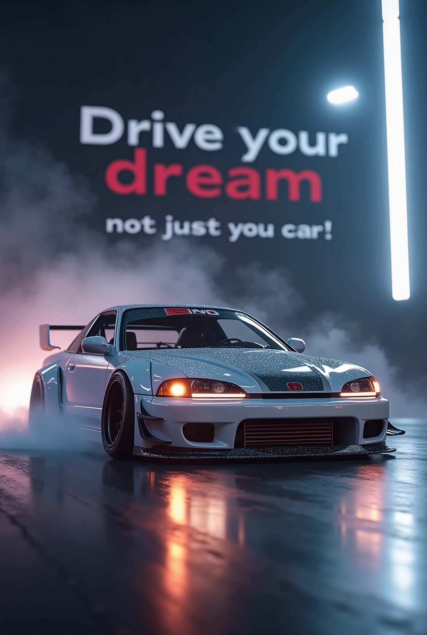 a poster with the inscription "Drive your dream, not just a car!". 1998 Honda Civic VI coupe with low suspension on spark twin wheels. the atmosphere of the race track. Super realistic high fashion photography. Studio light. Unusual shooting angle. Elements of surrealism and cyber-futurism. High resolution, hyperrealism, high detail, Conceptual art, Futurism, Hyperrealism, glitter, reflected light. The picture is below eye level. Fujifilm, UHD, 16k, excellent review,