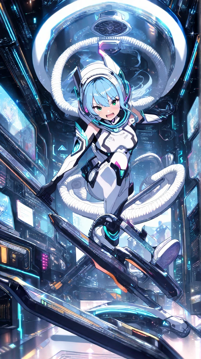((Arles Naja from Puyo Puyo, Mecha)), Shining Eyes, Delicate face, Broken Armor, Mechanical aura, Mechanical arm, Gray Hair, Long Hair, Ceramic body, Thigh Gap, Small breasts, cyber background, very nice city, (translucent, Reflex muscles), 8k, highest quality, Very detailed, (Surrealism: 1.4),  