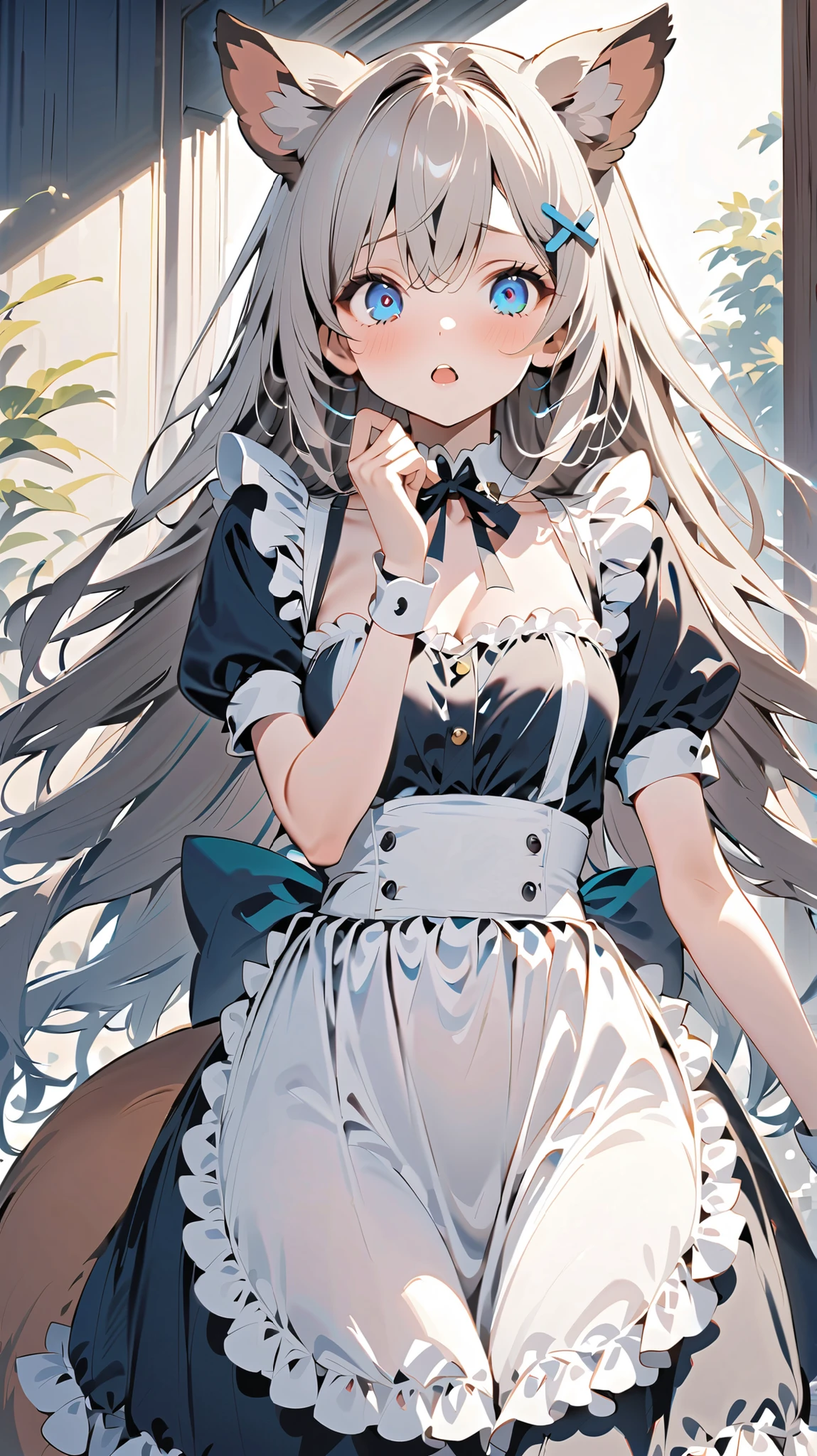 {{{ masterpiece}}}, {{{ top quality}}}, {{ super high resolution}}, {美しい細部までこだわったEye }, 1 girl, alone, (( gray hair)), very long hair, 青いEye , ( straight hair ), (bangs), animal ears, (Weasel Ears:1.1), choker, stupid hair , teeth, (big weasel tail :1.0), (Blue X Hairpin), ( Cute maid outfit), SHOCKED , girl ,Midea,Eye