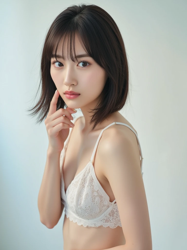 (1 girl,  Girls,Large Breasts, Well-fleshed, Short Bob Hair, White bra, panties), Fair-skinned, Glossy Lips, skinny, Body Type, Delicate and sexy collarbone, Highest quality, RAW Photos, Realistic, face, Incredibly ridiculously beautiful girl, cute, Depth of written border, High resolution, 超detailed, detailed, Very detailed, extremely detailed eye and face, Sharp pupils, Sharp focus, Cinema Lighting