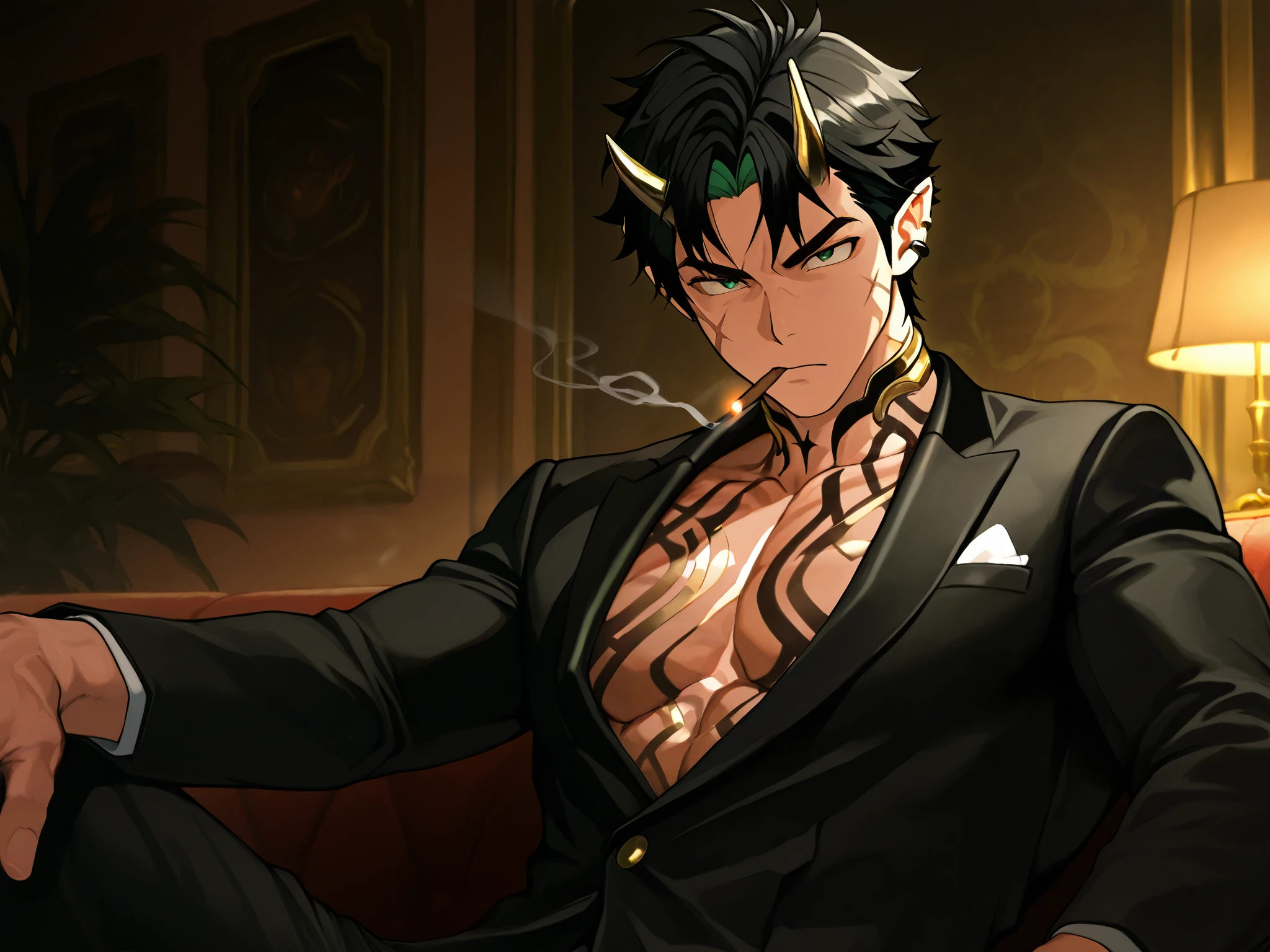  Anime panel  ,Oni 18 year old boy, Korean,  fair skin,angular face,  BLACK hair is characterized by a voluminous and textured top, , shaved or shorter sides and an elongated back., defined body, brinco e piercings,small pointy ears, cheerful expression,Green and serious eyes,  with scars and gold metal tattoo,  small metal horns,  Gothic style ,  muscular, highlighted metallic accessories, inspirado em Wuthering Waves,  black suit, smoking,  serious eyes , chest marking,  sitting on the couch, Luxurious living room background at night,