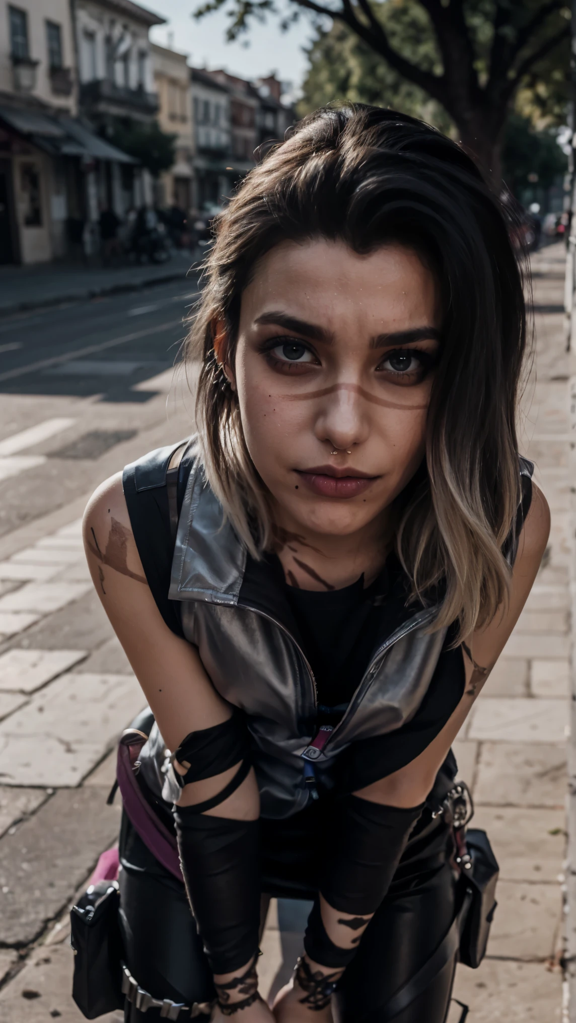 (masterpiece), best quality, HD, expressive eyes, perfect face, Turkish girl, smoked eyes, makeup, 1girl, cowboy shot, black hair, heterochromia eyes,(high quality eyes), nasal scar, undercut dyed bangs, scar skin, scars on face, outdoors, looking at viewer, black T-shirt, traveller, collarbone, leggings, valorant, sleeveless lambskin jacket clothing, full body, instagram poses, (((sadness look))) punk, chin piercings, Gothic punk nose piercings, smiling, ear piercings eyes, Incirlik background, cowboy shot, black shirt, close view, smiling warmly, henna hand,