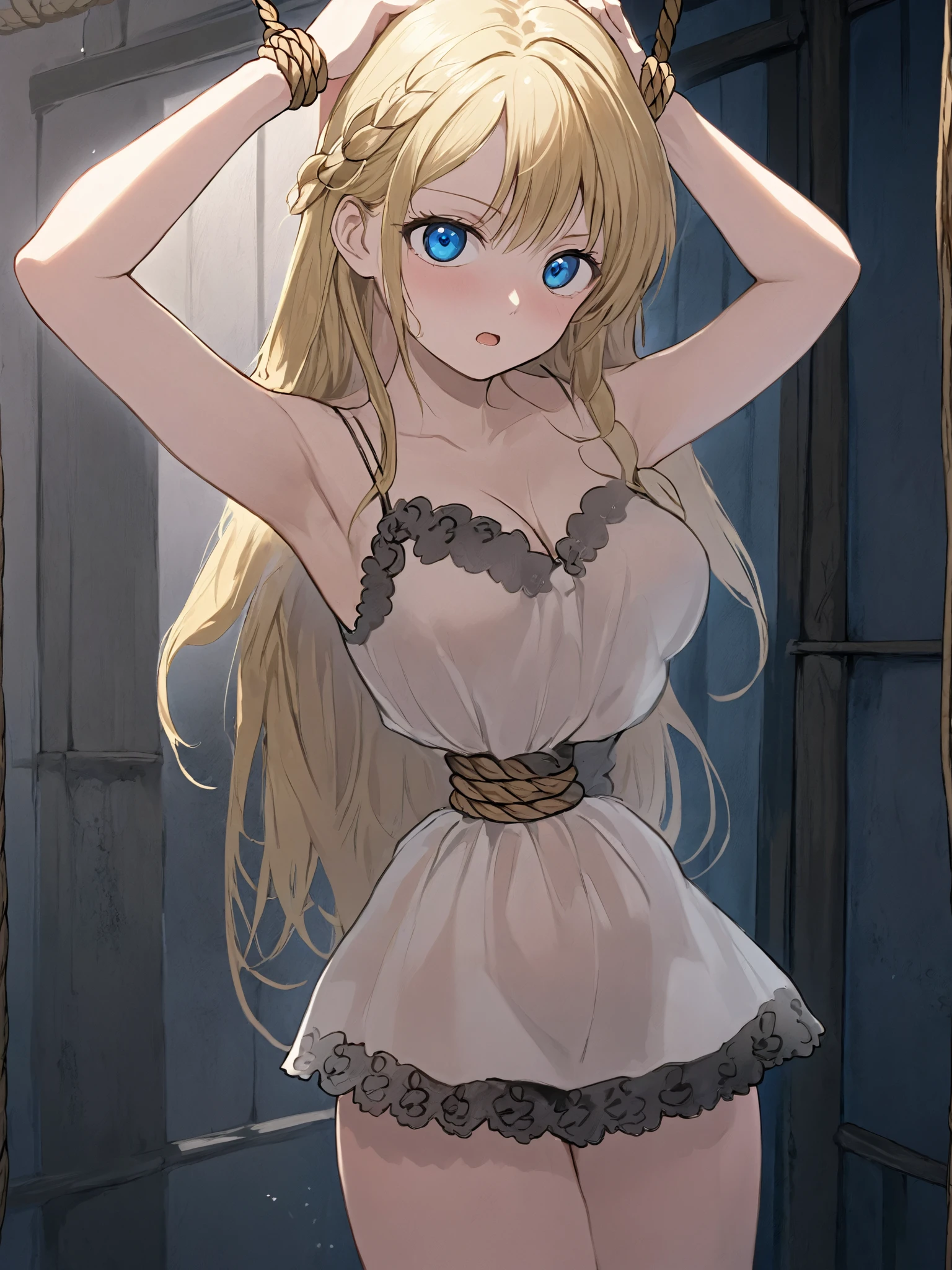 (( anime style))),(( Masterpiece )), (( best quality)), ( super detailed),torture chamber,(((The hemp rope is tightly tightened to her waist))), cute girl, 1 girl,black lace slip dress, beautiful blonde hair ,( beautiful blue eyes ), long hair, expression of pain