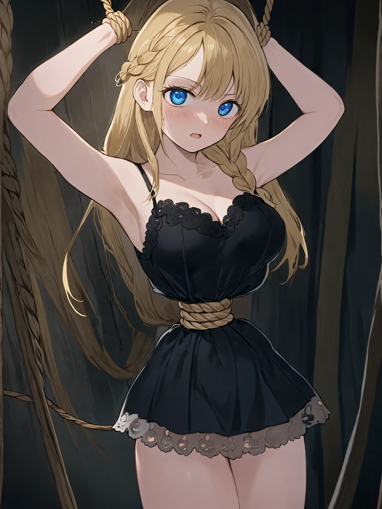 (( anime style))),((  Masterpiece )), (( best quality)), ( super detailed),torture chamber,(((The hemp rope is tightly tightened to her waist))), cute girl,  1 girl,black lace slip dress, beautiful blonde hair ,( beautiful blue eyes ),  long hair,  expression of pain