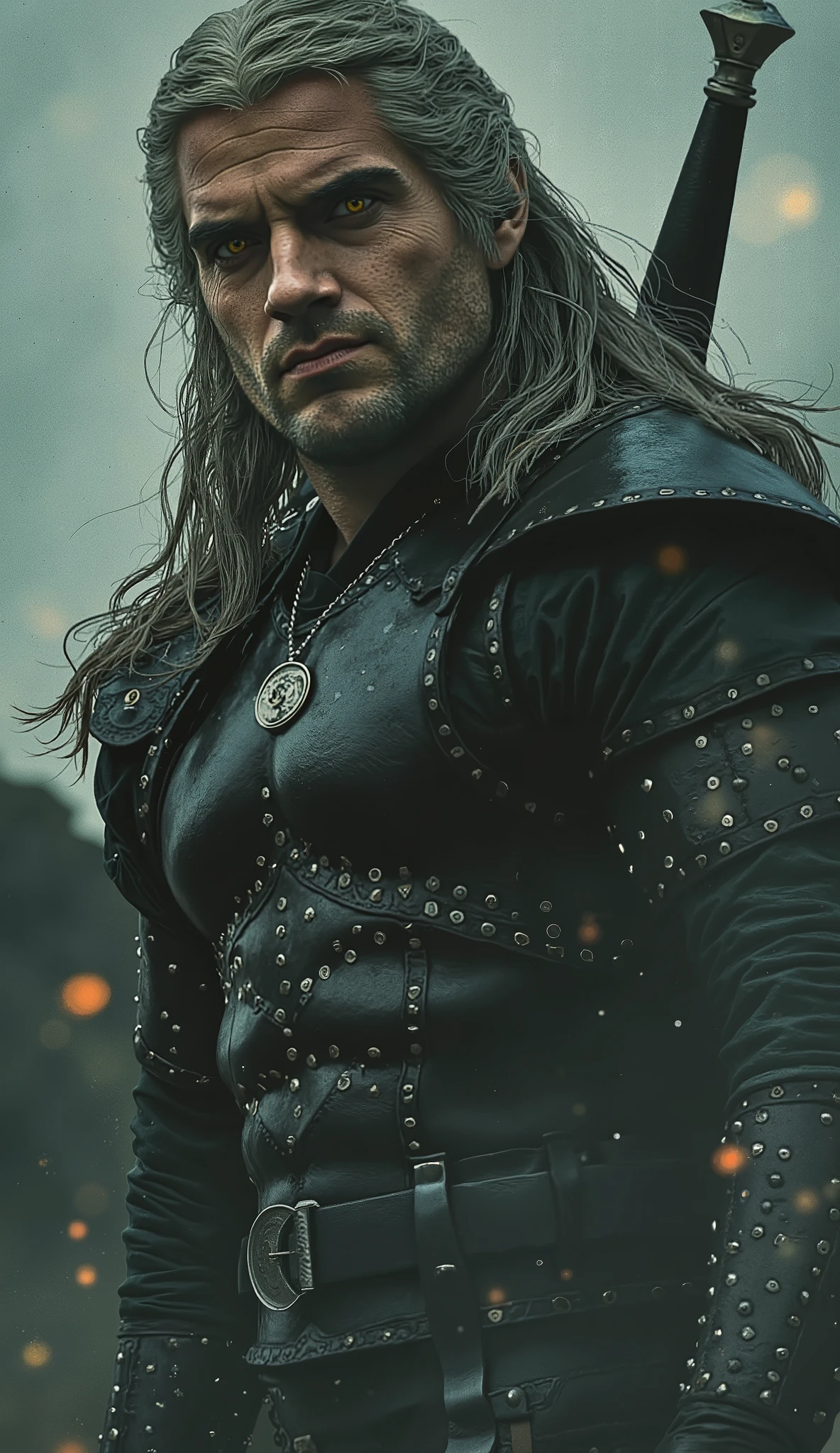 Geralt of Rivia, 1 male, holding sword, dynamic pose, black leather, black armor, black hair, black beard, yellow eyes, scar across eye,from below, full body view
