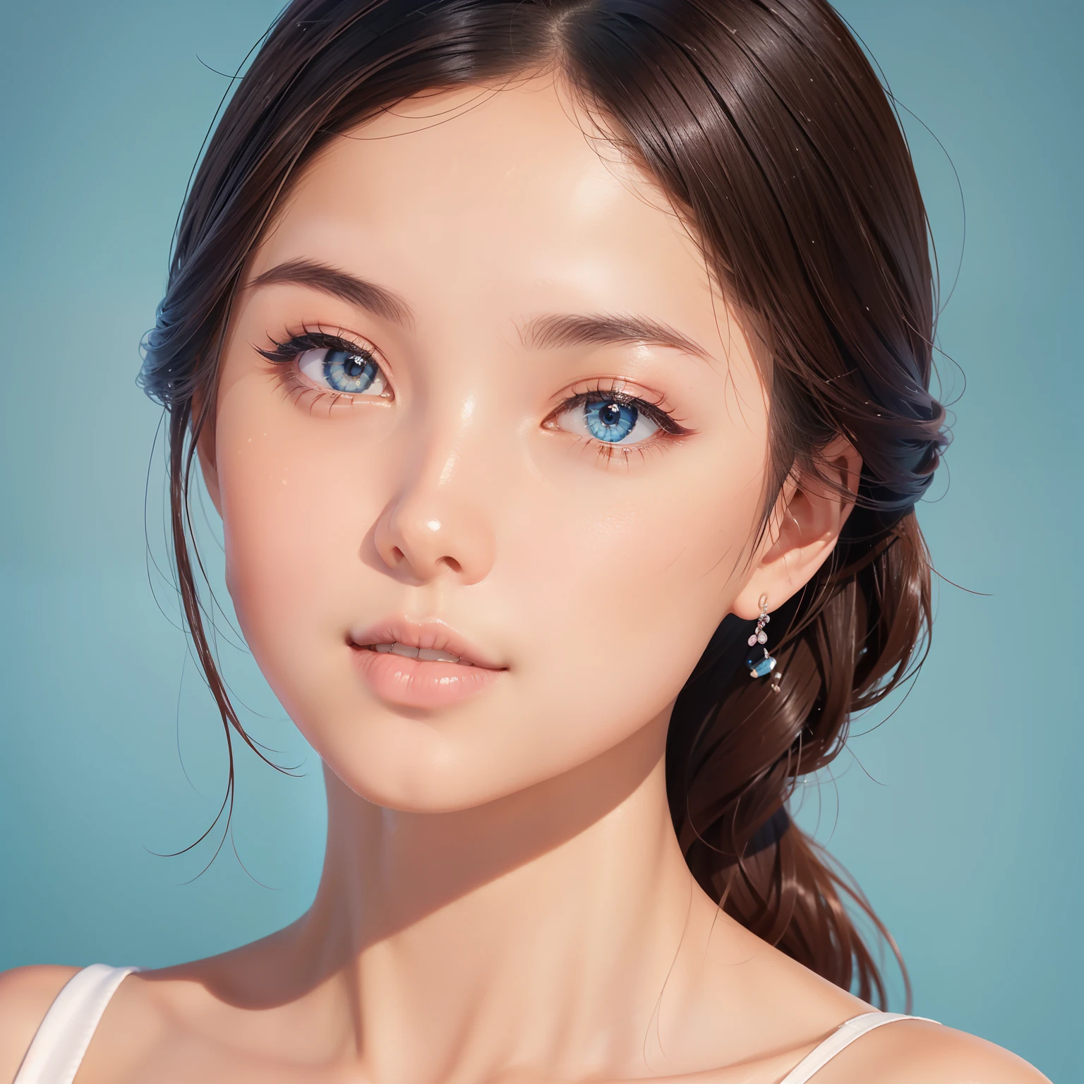 Featuring confident and radiant women、Generate AI Art Inspired by Korean Cosmetics Advertising。Displayed up to chest level、Her perfect skin、Lively makeup、Focus on fashionable hairstyles、Capturing the essence of K-beauty。Isolated on natural white background、Reflecting beauty and fashion trends、Alafed Asian Woman, Look at me diagonally、photoshoot for skincare brand, milky skin, shiny soft skin, clean face and body skin, wlop glossy skin, fanart, eora, Foamy skin, beauty campaign, Official Product Pictures, portrait shot, yangjun chen, Beautiful face in light blue tones, Ethereal skin