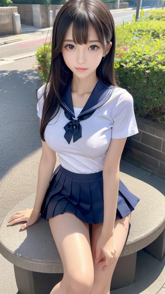 Highly detailed CG Unity 8K wallpaper,expensiveest quality,Super detailed,masterpiece,realistic,Photoreal,bright lighting,Highly detailed cute girl,,Japanese expensive school girl、innocent big eyes,double eyelid、droopy eyes、long eyelashes、detailed eye,ecstasy face、blush、sleepy、(brown hair with bangs),perfect skin,shiny skin,pure white skin,fine skin,big and full breasts,((perfect anatomy,nice hands,perfect hands,five fingers connected to the palm,Accurate needle with no discomfort)),show off white panties、(japanese girl&#39; expensive ,navy pleated mini skirt))((Navy Blue Poseini Pleated Skirt、Short sleeve see-through sailor suit、I can see your nipples、angle from below,((spread your legs wide)),(sex)),(slim texpensives)、on a park bench、