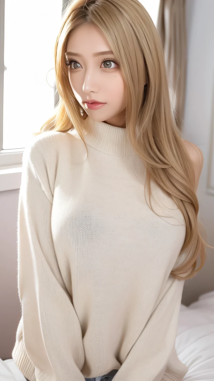 (cowboy shot、 top quality、8k、 Award-winning work 、 super high resolution )、( virgin killer sweater:1.0)、 masterpiece, top quality, 8k, girl, Mouth slightly open, Ambiguous expressions, close, close up of face, alone, cute, girly , Delicate Girl, pure beauty, RAW Photo, photo shoot by a pro, on the bed、 luxury hotel、 big window、 skyscrapers close to here、Soft light, professional lighting, backlight, is waiting for your eyes , refined , film grain, ( eye and face details:1.0), medium length floating hair, beautiful flowing hair , perfect big breasts 、( blonde:1.1)、 bright color contacts 、 PERFECT GAL MAKEUP、