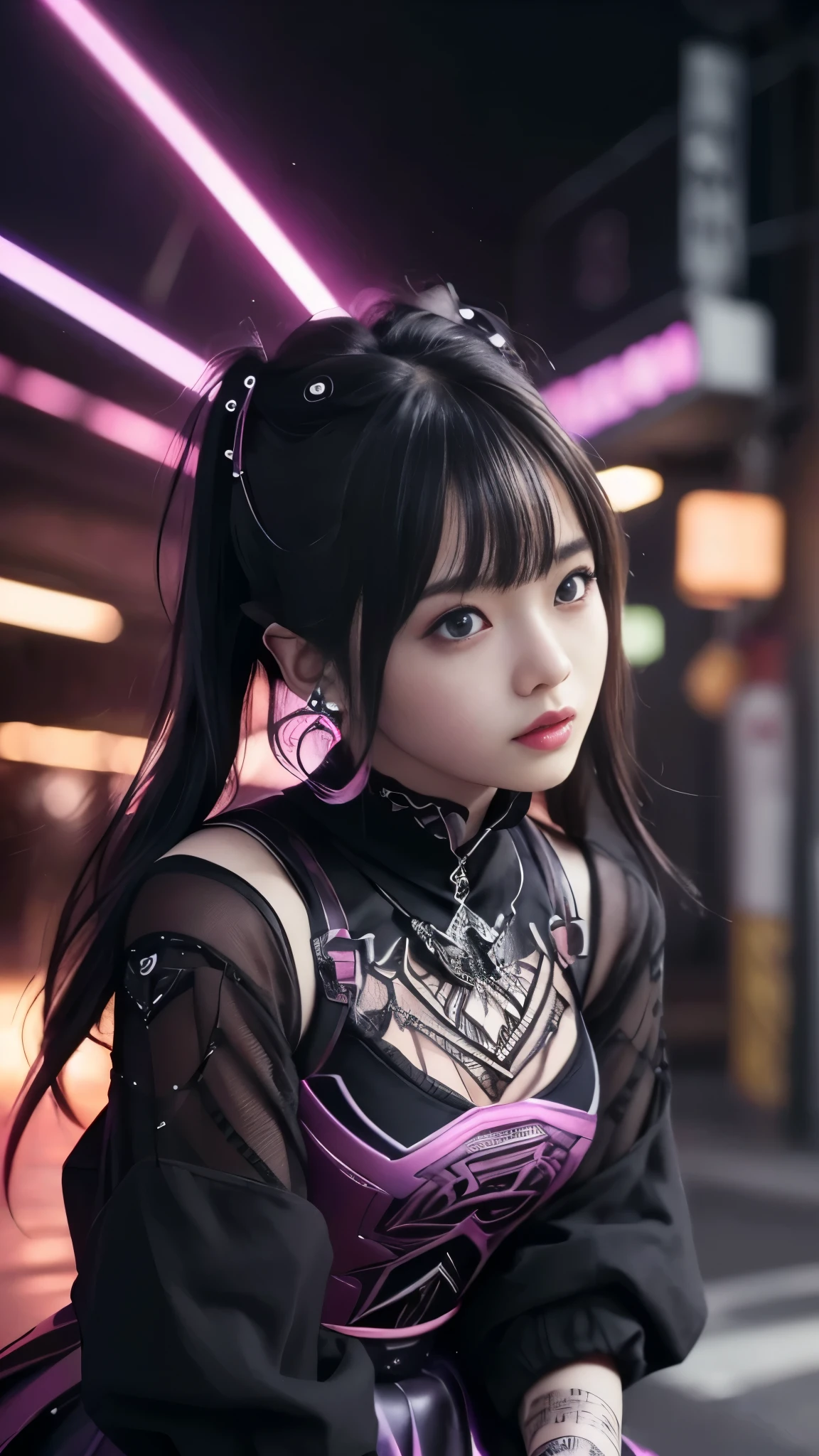 Masterpiece、 top quality、 super high resolution、 Super High Definition,aesthetic、16k、 ( photorealistic:1.4)、ゴシックpunkの衣装、 looks up, upper body,Gray Hair,( realism、 by Nomi、 photorealistic)、black、 earrings、amount、Gothic skirt、Goth_punk,Sharp、night 、flat chest:1.8, AA-cup chest 、 Slim waist:1.2、 Long Sleeve:1.5、マイクロミニ skirt、(Unreal and dynamic、Surreal、 absurd、 dynamic action shot、 portrait、Super sharp、 realistic textured face and skin、 beautiful symmetrical face 、( perfect anatomy)、 CGSoation Trends、thigh, Particle Effects , Beautiful Effects, bright colors visible from the forehead, Neon Lights,、超A high resolution 、 Octane Rendering 、 DARK FANTASY 、Knee、 complex and detailed background、 very delicate and detailed、 skirt、Knee、Unconventional、 fancy mesh costume、Pink fluorescent complementary color、 hoodie、 beautiful face、